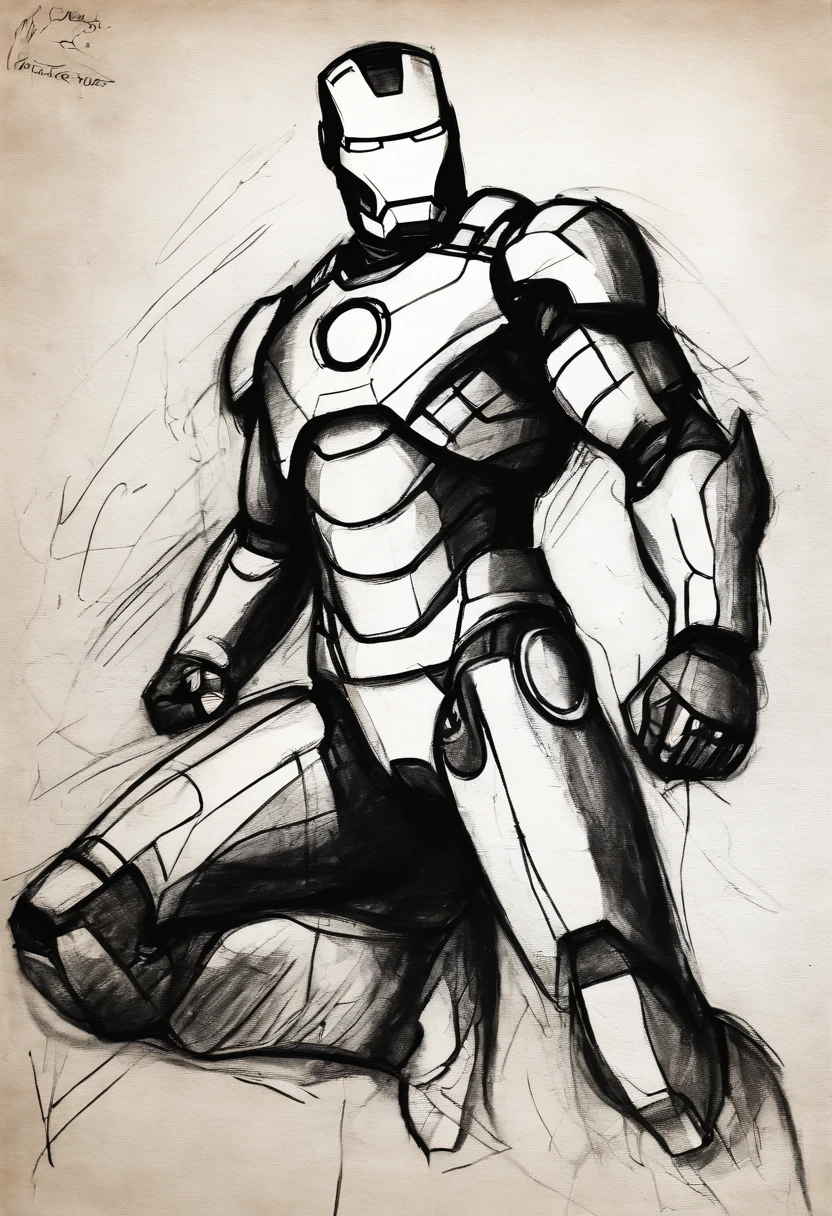 Coarse charcoal sketch on old paper, Ironman image,Dynamic pose,Clean line art,+Expressive lines,Painting in an expressive sketch style, hatching, Black and white sketch, handpainted, Coarse charcoal sketch on old paper, Muscular male image,Dynamic pose,Clean line art,+Expressive lines,Painting in an expressive sketch style, hatching, Black and white sketch, handpainted, sketching, Linear style::Sketch note style sketch, Linear style::Sketch note style
