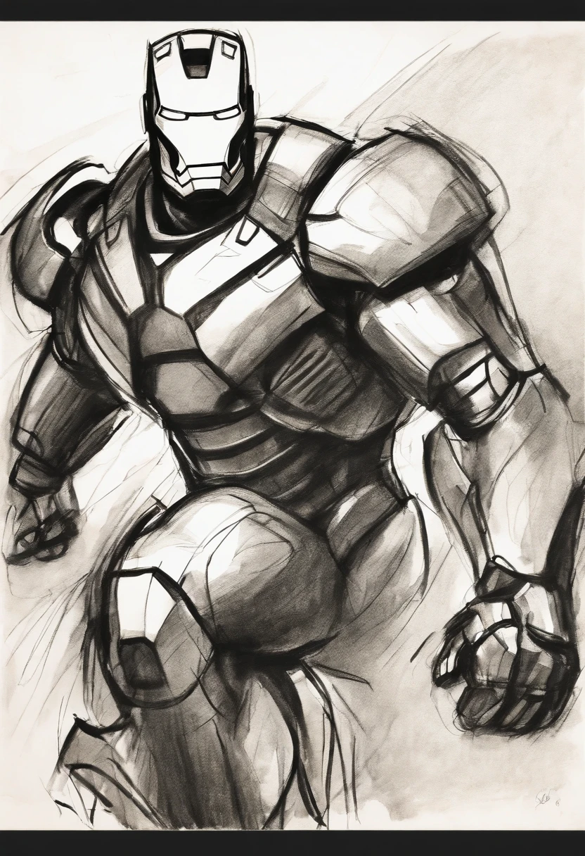 Coarse charcoal sketch on old paper, Ironman image,Dynamic pose,Clean line art,+Expressive lines,Painting in an expressive sketch style, hatching, Black and white sketch, handpainted, Coarse charcoal sketch on old paper, Muscular male image,Dynamic pose,Clean line art,+Expressive lines,Painting in an expressive sketch style, hatching, Black and white sketch, handpainted, sketching, Linear style::Sketch note style sketch, Linear style::Sketch note style