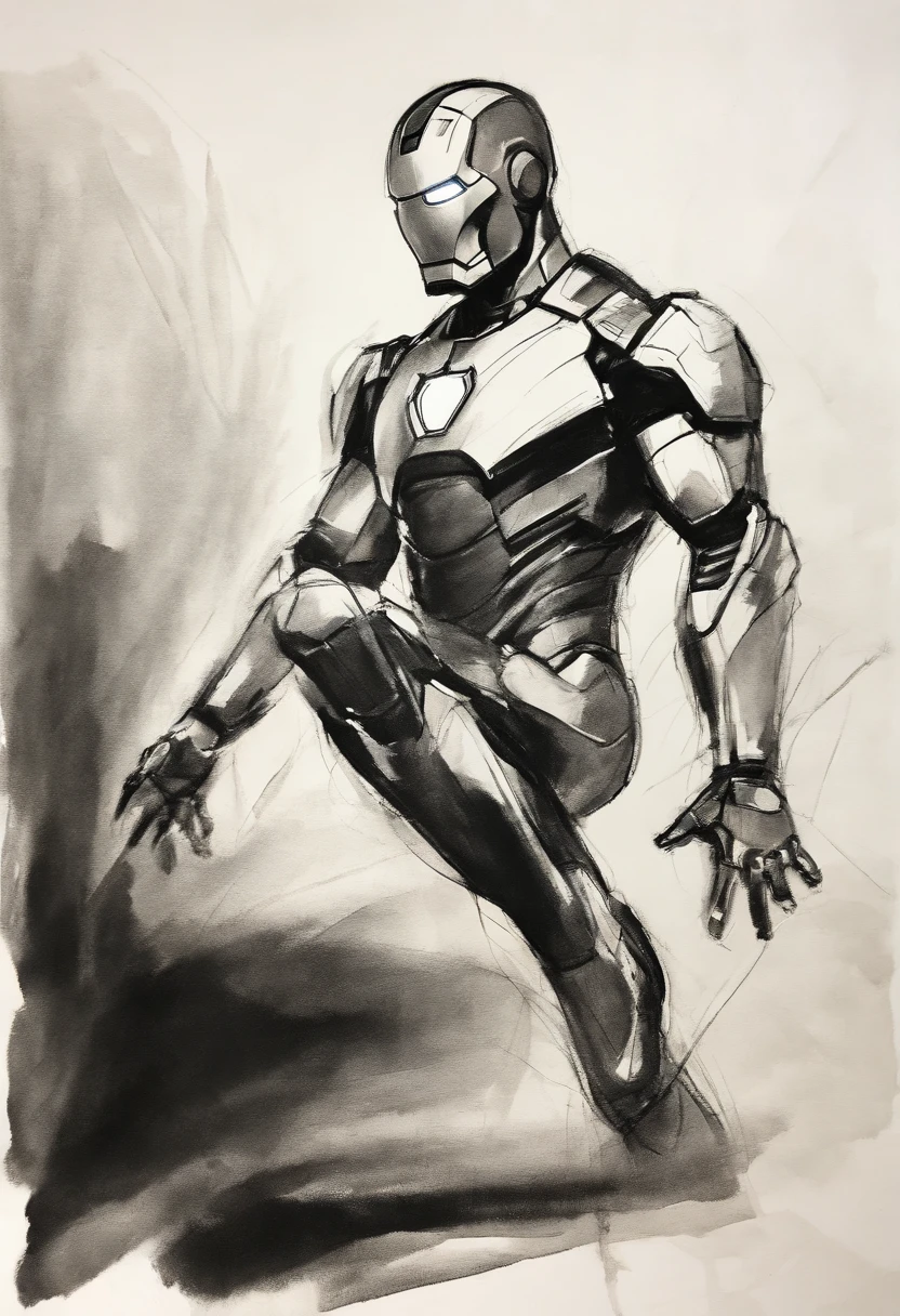 Coarse charcoal sketch on old paper, Ironman image,Dynamic pose,Clean line art,+Expressive lines,Painting in an expressive sketch style, hatching, Black and white sketch, handpainted, Coarse charcoal sketch on old paper, Muscular male image,Dynamic pose,Clean line art,+Expressive lines,Painting in an expressive sketch style, hatching, Black and white sketch, handpainted, sketching, Linear style::Sketch note style sketch, Linear style::Sketch note style