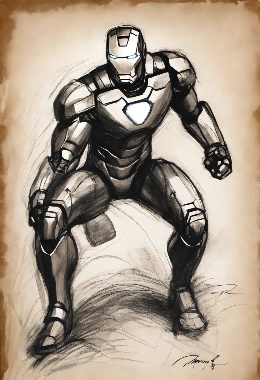 Coarse charcoal sketch on old paper, Ironman image,Dynamic pose,Clean line art,+Expressive lines,Painting in an expressive sketch style, hatching, Black and white sketch, handpainted, Coarse charcoal sketch on old paper, Muscular male image,Dynamic pose,Clean line art,+Expressive lines,Painting in an expressive sketch style, hatching, Black and white sketch, handpainted, sketching, Linear style::Sketch note style sketch, Linear style::Sketch note style
