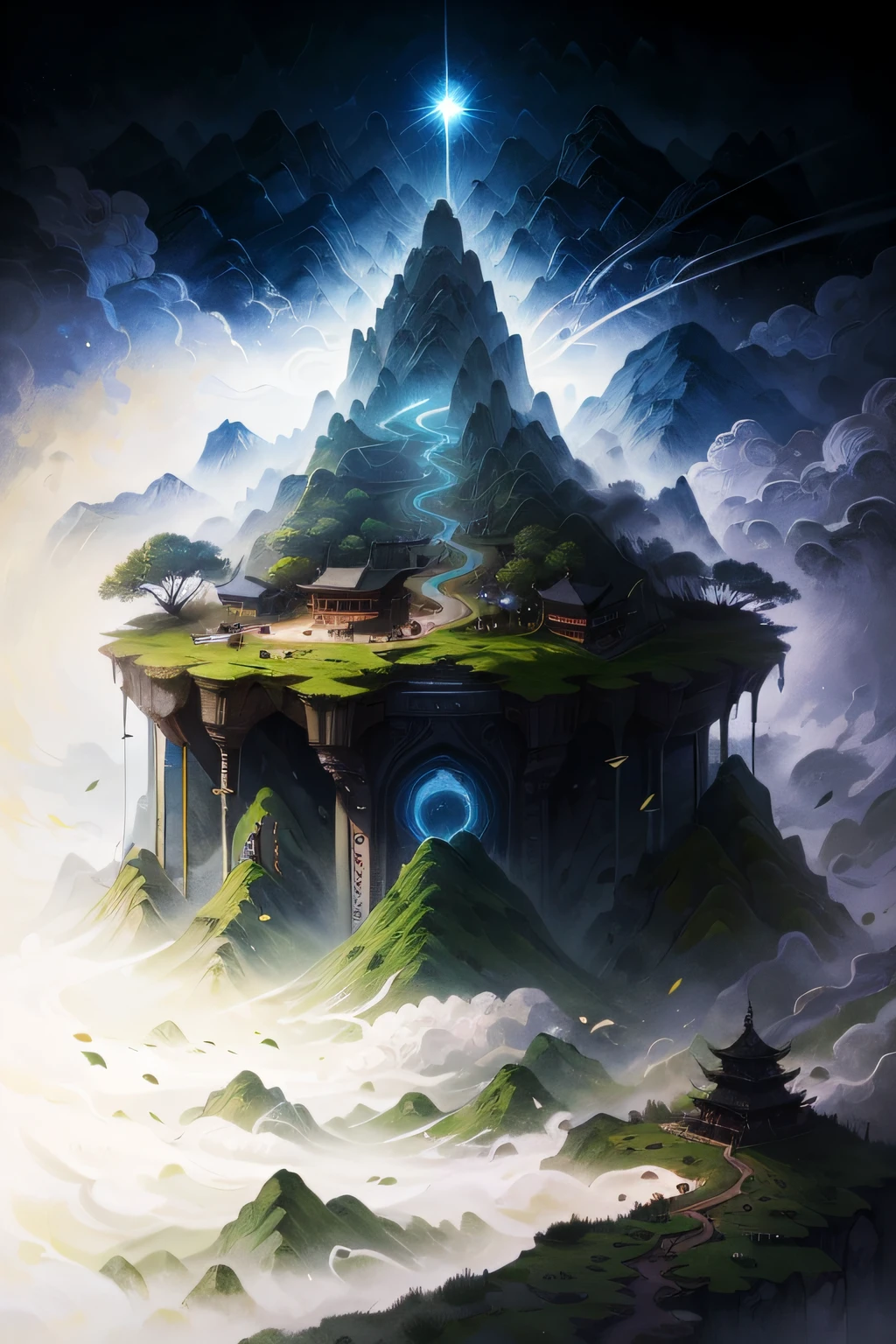 This is a landscape painting，The picture is wide and open。A hundred thousand mountains stand in the distance，Towering and steep peaks loom in the clouds。A huge Bagua array was formed around the peak，At the foot of the mountain are steep cliffs，Intimidating。in a sunbeam，Through the clouds，At the top of the hill stands a huge glowing door，  hyper HD, retinas, Masterpiece, Super detail, Textured skin, High details, High quality, Best quality, A high resolution, 4K