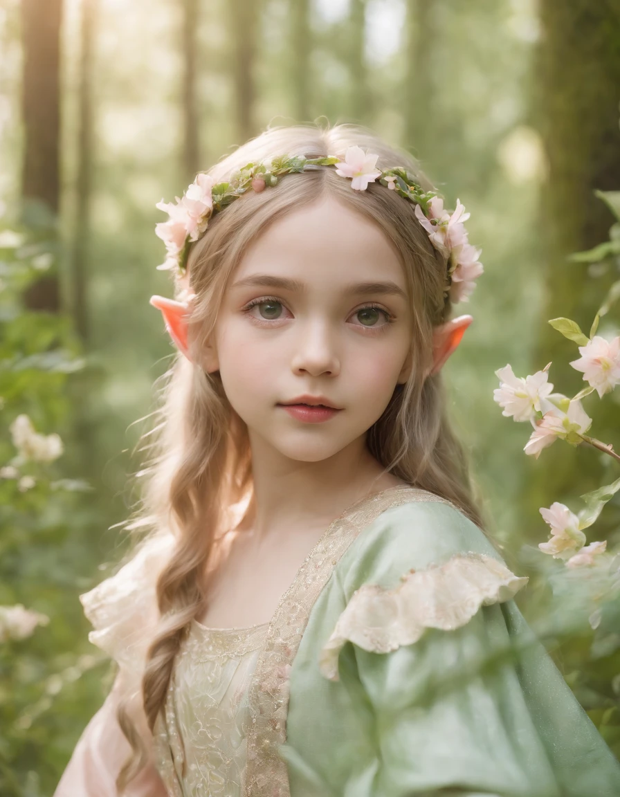 (photo of a ), elf girl in the forest, pointed ears, light pink and light green style, anime aesthetic, detailed clothing, juvenile, realistic technique, flowers and birds, light gold and green, upper body