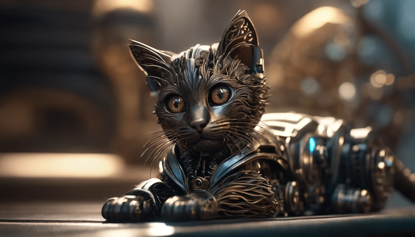 A cute kitten made of metal, robot, cyberpunk style, ((intricate details)), hdr, ((intricate details, super detailed)), cinematic footage, vignette