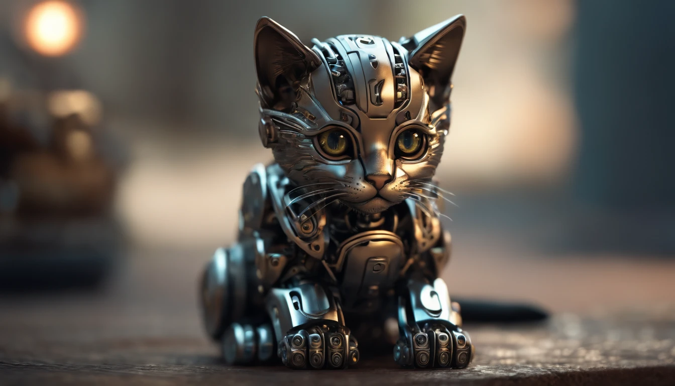 A cute kitten made of metal, robot, cyberpunk style, ((intricate details)), hdr, ((intricate details, super detailed)), cinematic footage, vignette