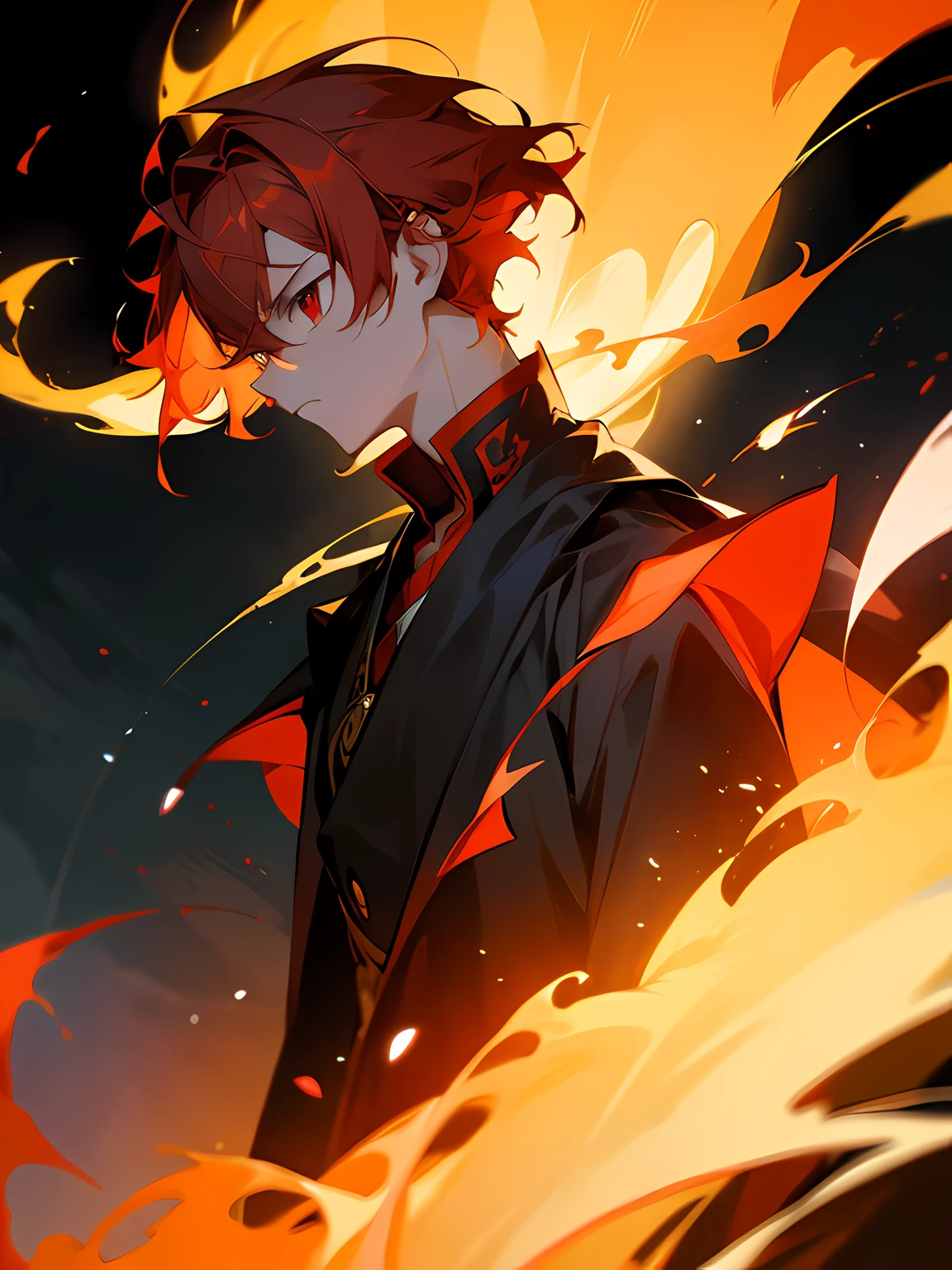 1boy, short red hair, red eyes, serious, face and neck shot only, surrounded by fire, looking to the side, absurdres, high res, ultrasharp, 8k, masterpiece