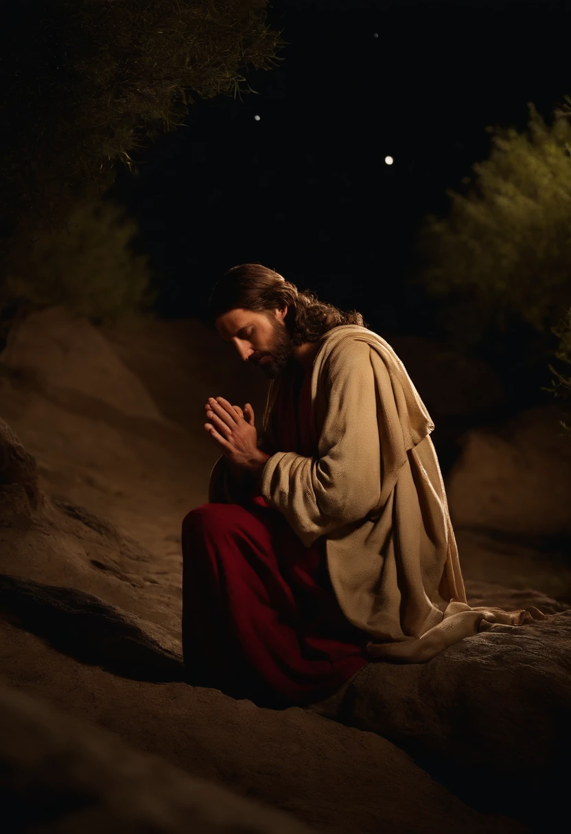 Classicism art, low detail, colored, jesus praying in the night in Gethsemane