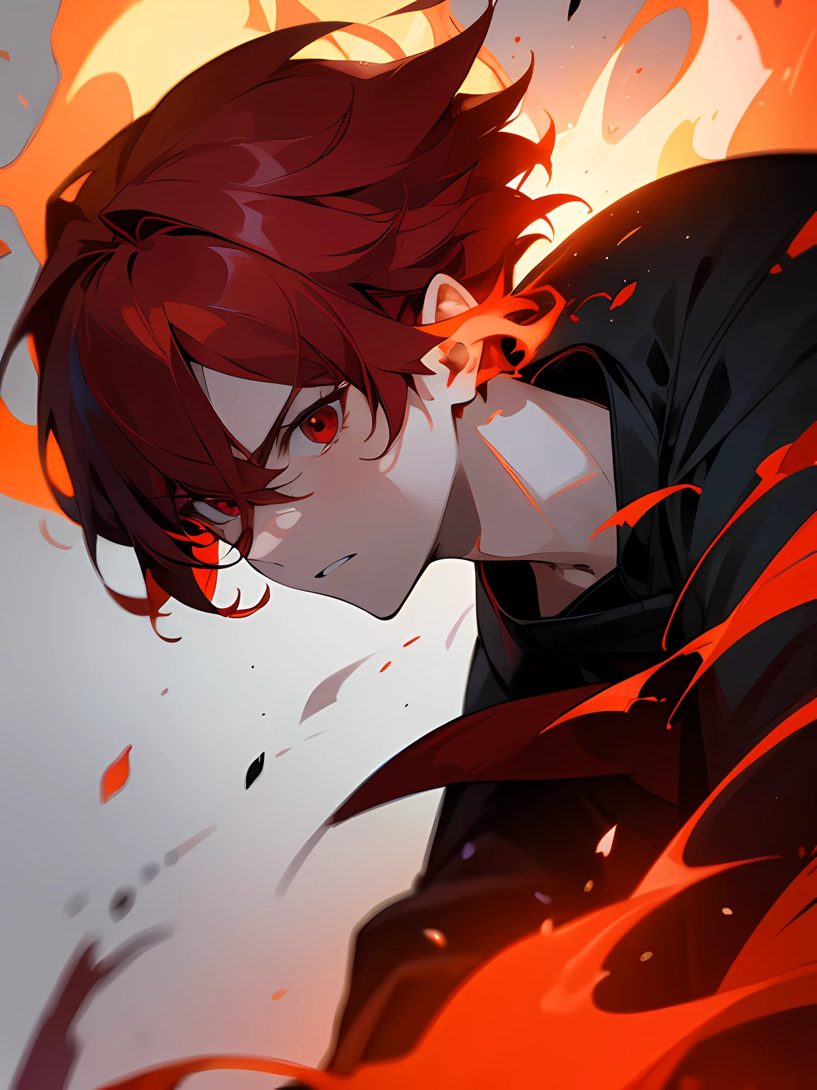 1boy, short red hair, red eyes, serious, face and neck shot only, surrounded by fire, looking to the side, absurdres, high res, ultrasharp, 8k, masterpiece