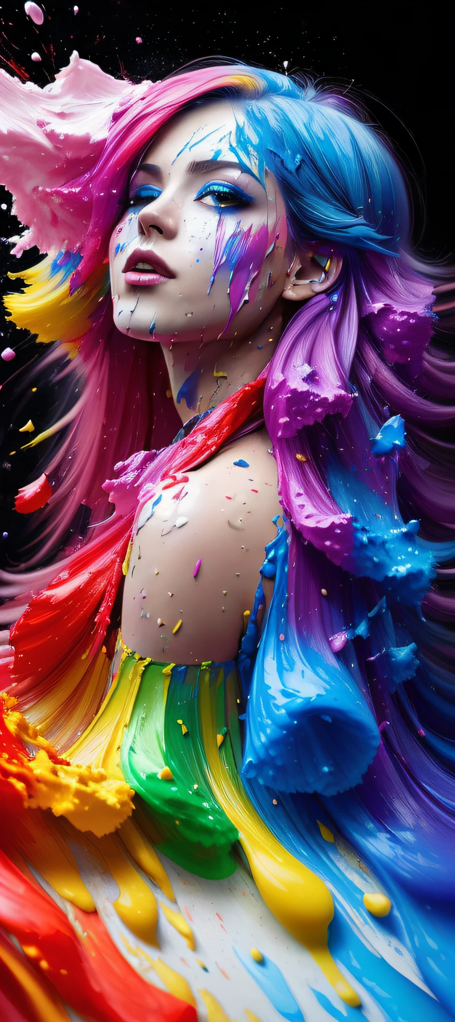 (level difference:1.8),(Paint colliding and splashing on the canvas),(depth of field),1girl's side face blends into it,((side face)),open mouth,(liquid paint rainbow hair:1.1) made of paint and defies gravity,thick flowing,(paint splatter:1.3),Liquid state,stunningly beautiful, masterpiece, detailed background,ultra high quality model, ethereal background,abstract beauty, explosive volumetric, oil painting,heavy strokes,Romantic lighting,Sub-Surface Scatterring,lens 135mm,f1.8,glow,8k,high resolution, dreamy,ray tracing,hdr,god rays,