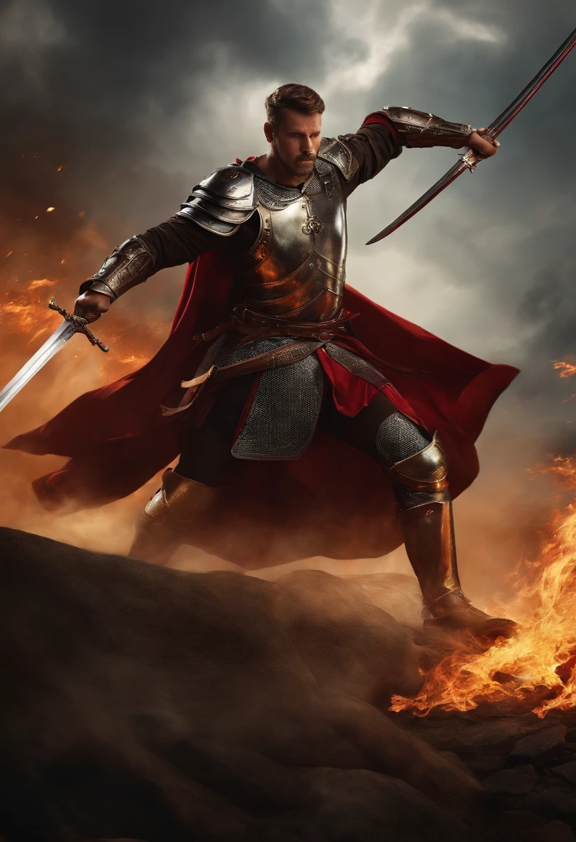masterpiece,a man, strong, fighting, with a sword, dynamic pose, in armor