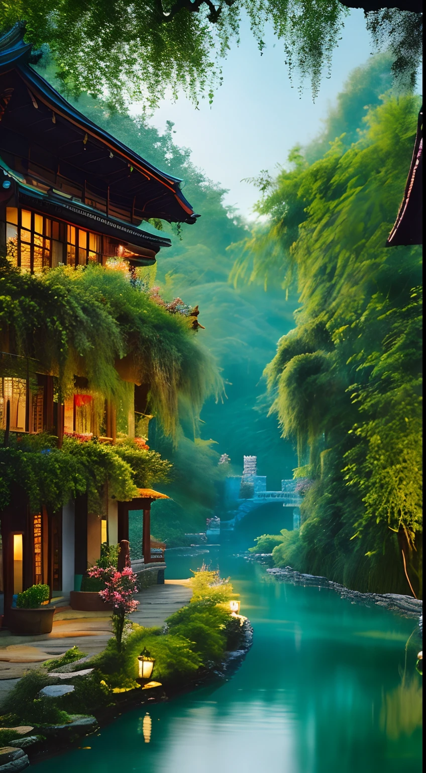 At dusk, green trees, willows flying, surrounded by blue water, small bridges and flowing water, antique color, floral fragrance, warm as jade, birds singing and flowers, water town paintings, leisurely, real photography, 16K resolution