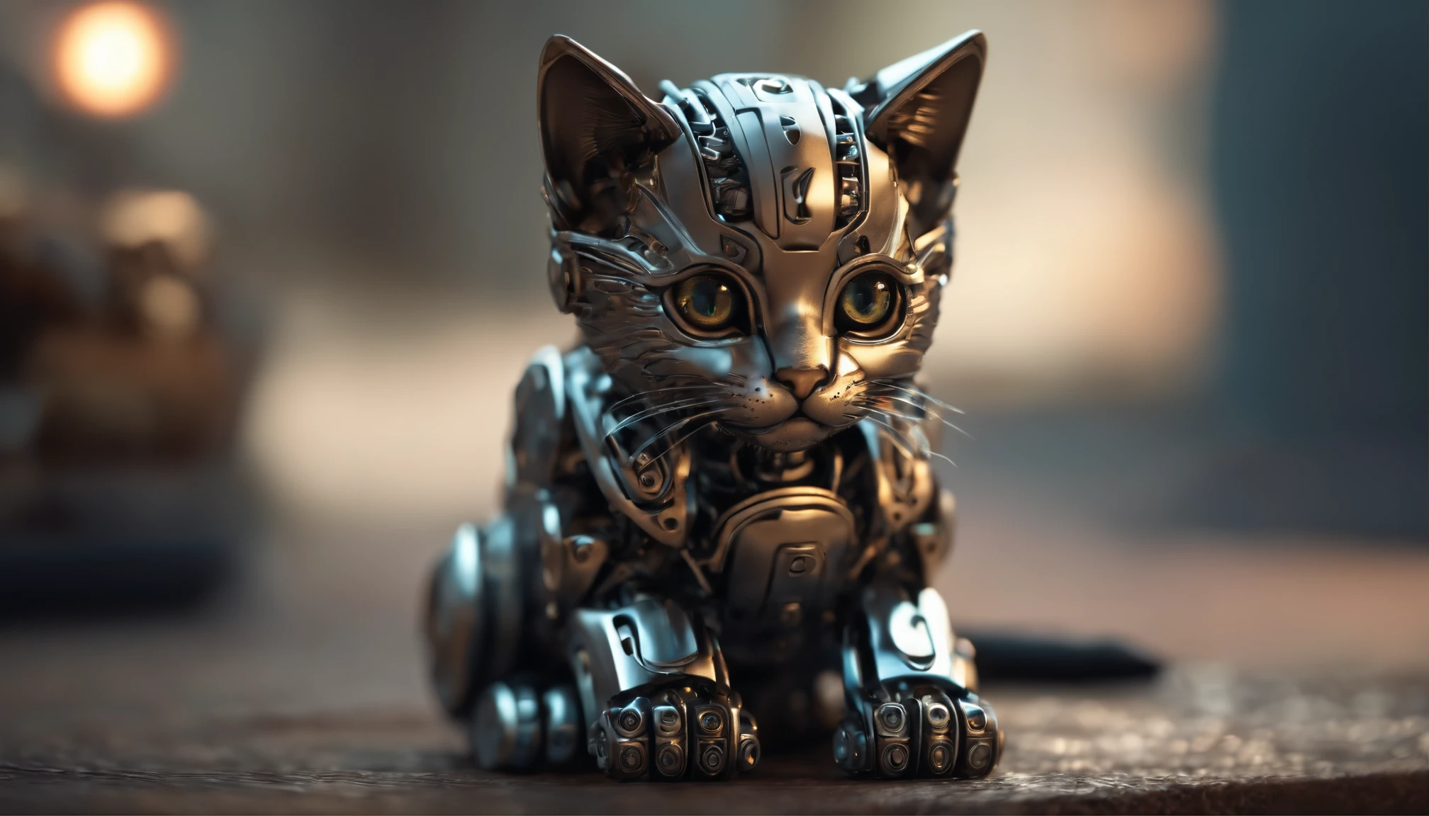 A cute kitten made of metal, robot, cyberpunk style, ((intricate details)), hdr, ((intricate details, super detailed)), cinematic footage, vignette