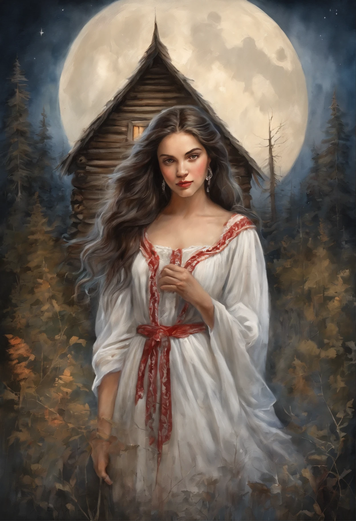 Young girl, Girl 17 years old, beautiful brunette girl, From old Russian fairy tales, Beautiful, long braids of dark black hair, hands on thighs, brown eye, White dress with red ornate ruffles, tape, white cape on the shoulders, letho, woods, the night, lunar crescent Gloomy atmosphere, The dark forest behind you, There are clouds in the sky, (Against the background of an old hut, old log house) the night, Hut in the background, Moon in the background, Night in the background, The forest is dense in the background.