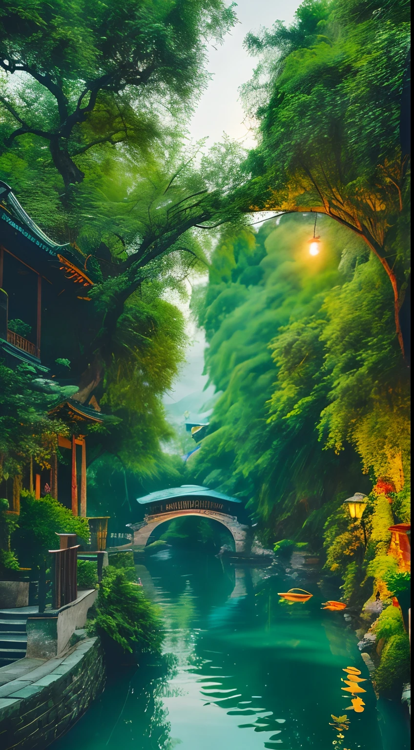 At dusk, green trees, willows flying, surrounded by blue water, small bridges and flowing water, antique color, floral fragrance, warm as jade, birds singing and flowers, water town paintings, leisurely, real photography, 16K resolution