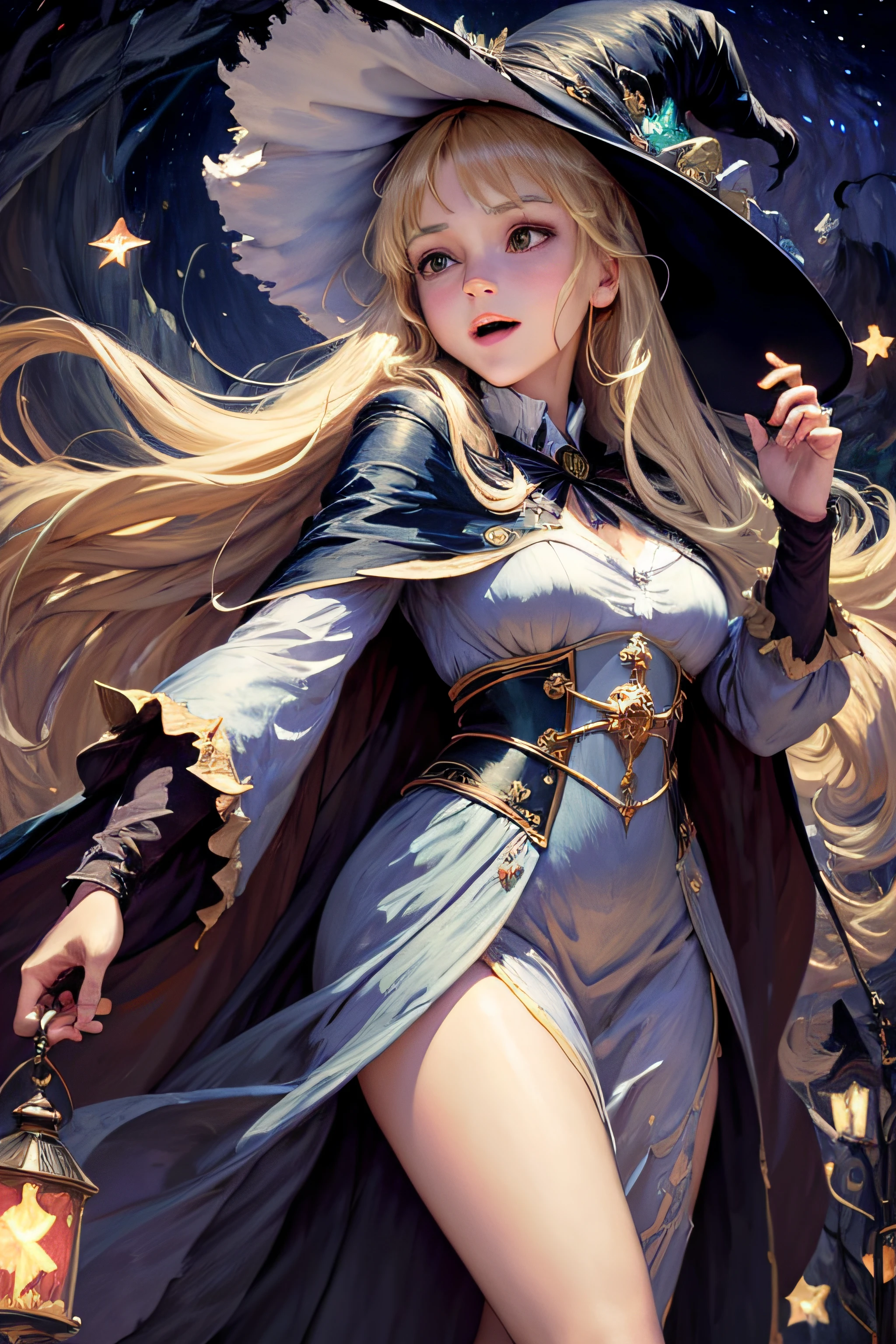 tmasterpiece,best qualtiy,ultra - detailed,illustratio,1girll,独奏,fanciful,flight,broom,nigh sky,exteriors,magia,incantation,themoon,As estrelas,clouds,ventania,the hair,cloaks,bucket-hat,Boots,broom,with light glowing,mistic,Attractive cleavage,Whimsical,fun,Adventurous,Free,Miraculous,Imaginative,Determined,Skillful,Speedy,kinetic,Energetic,Realist,Naturalistic,Figurative,Figurative,The beautiful,Fantasy culture,mito,fairytale-like,Middle Ages,legends,sorceress woman,the witcher、Magical creatures、Fantasy world、proportionate、foreground、中景 the scene is、Background with、ssee-through、llight rays、colours、Textured、the detail、Beauty Feeling、miracle,beautiful boobs,Magic surrounds,Magic unleashed,Ray traching,Large breast size,