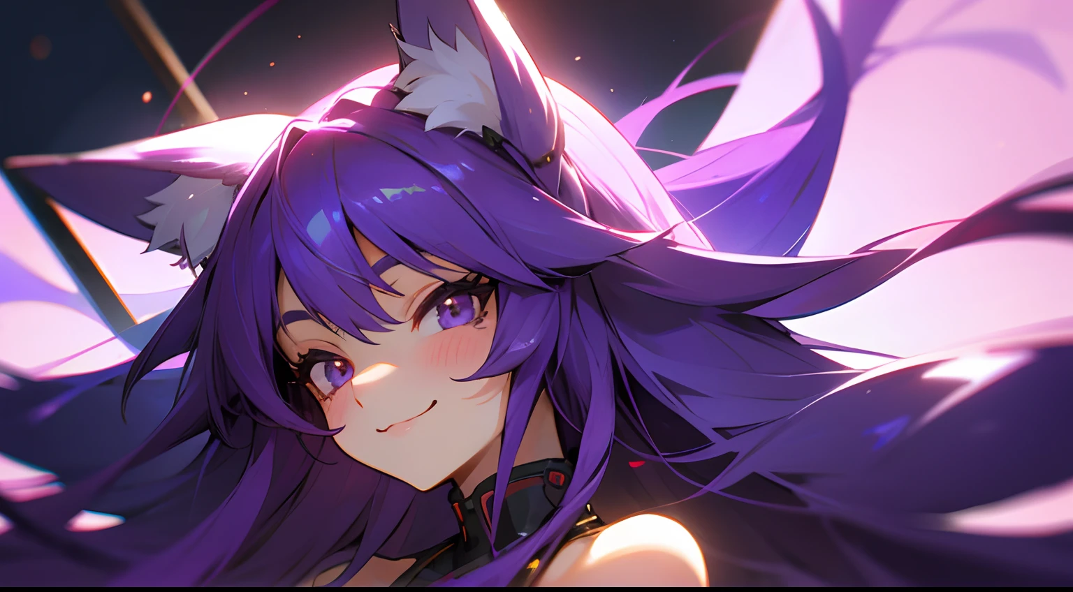 loneliness girl, long purple hair,Looking at the camera and smiling,Very cute,Fox ears,face close up