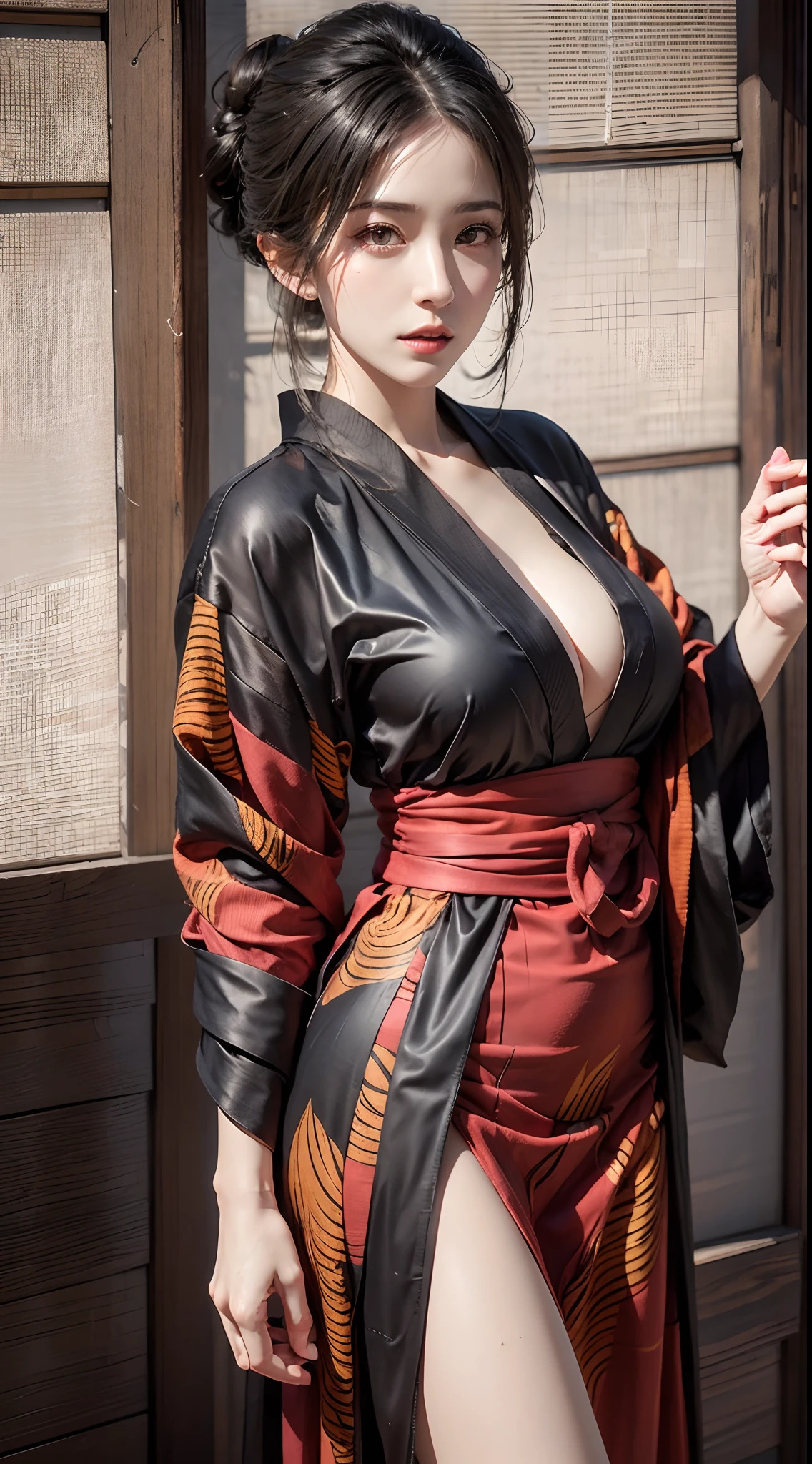 photorealistic, high resolution, 1women, mature female, solo, hips up, black hair, emma \(sekiro\), japanese clothes, kimono, single hair bun, haori, mature female