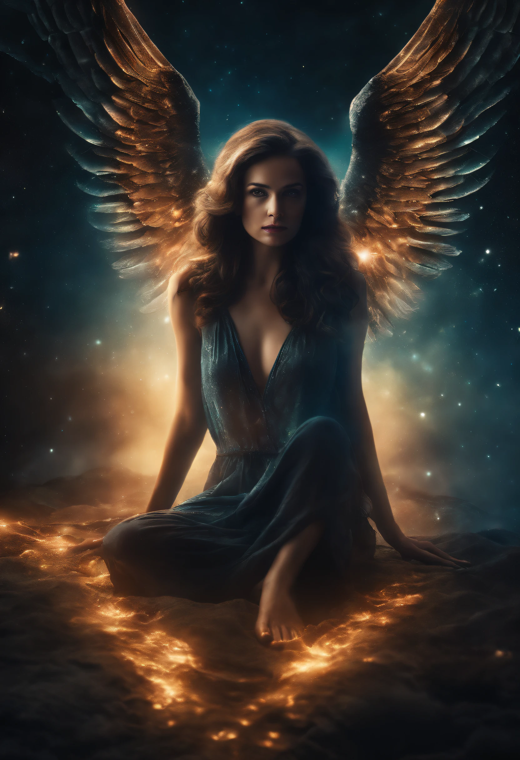 Cosmic Fallen Female Angel, Bright and clear eyes, Biomechanicals, Strangely, horrid, nightmare, Very bright colors, Light particles, There is bright light, Mshiv, wallpaper art, ultra HD wallpaper