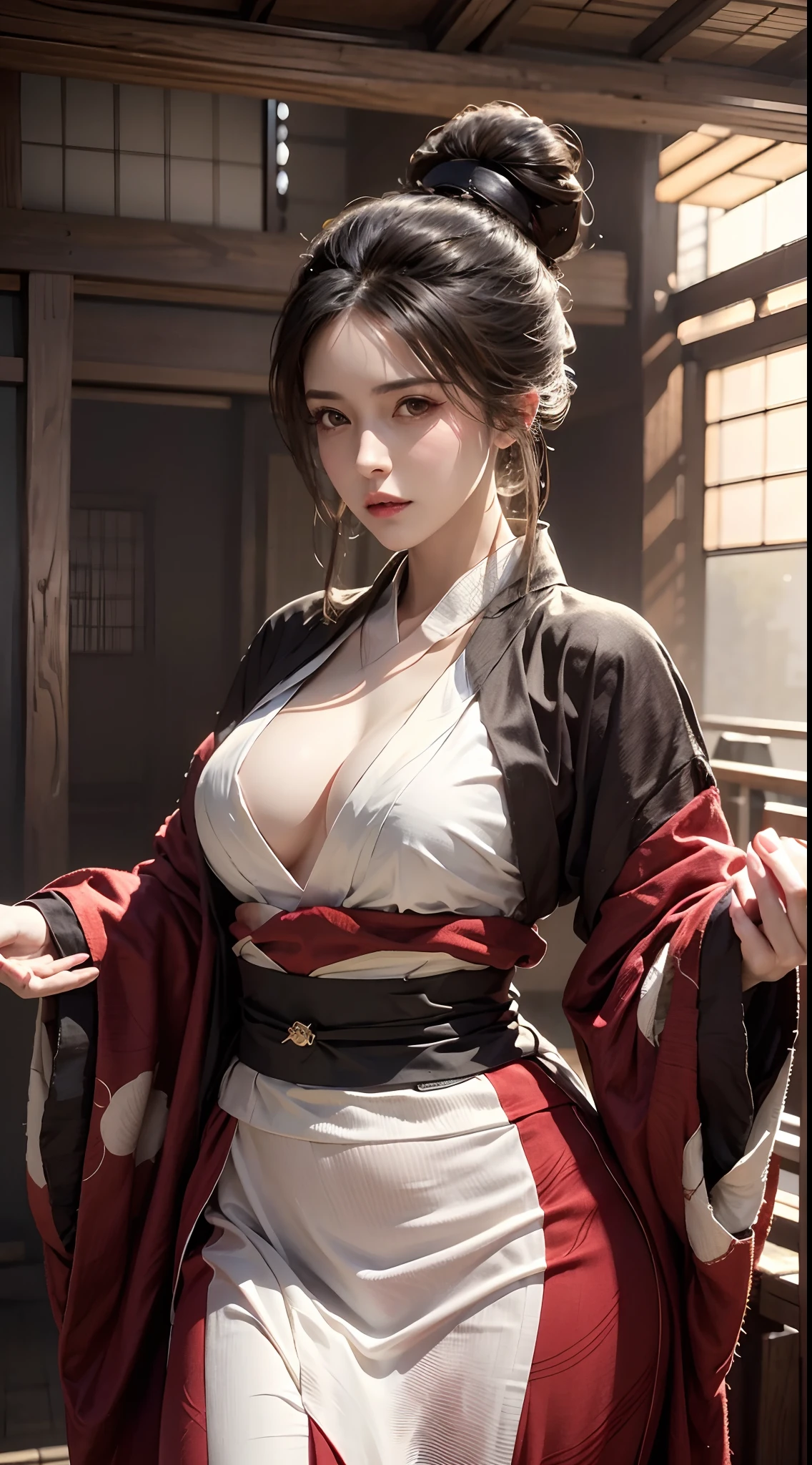 photorealistic, high resolution, 1women, mature female, solo, hips up, black hair, emma \(sekiro\), japanese clothes, kimono, single hair bun, haori, mature female