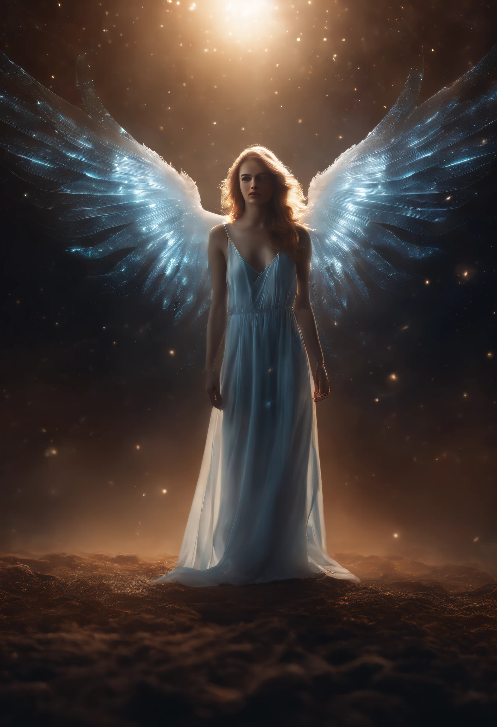 Cosmic Fallen Female Angel, Bright and clear eyes, Biomechanicals, Strangely, horrid, nightmare, Very bright colors, Light particles, There is bright light, Mshiv, wallpaper art, ultra HD wallpaper
