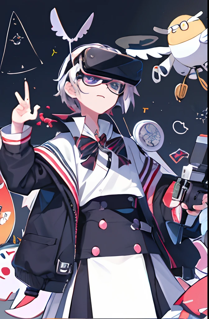 Students using virtual reality、Cartoon image of AR glasses,Students carry cameras on their backs to make cartoon characters on a hand-drawn board,The positive state of the student,Drones fly in the sky,On the blackboard is a ruler triangle board,The camera mount is on the front