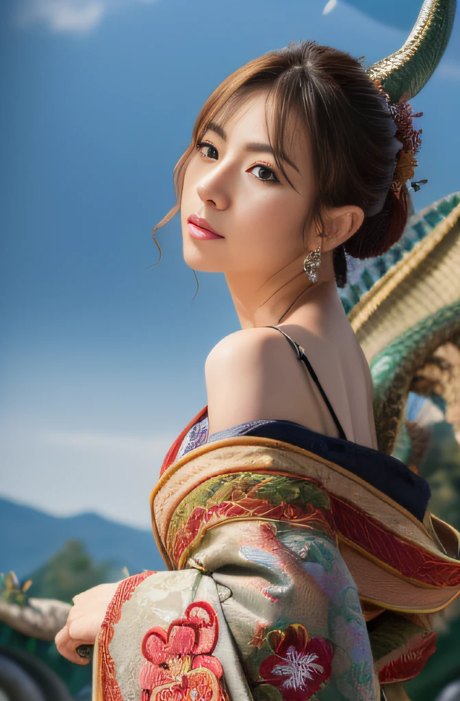 (masterpiece:1.2), ultra detailed, ultra high res, (realistic, photo realistic:1.37), high detail RAW color photo, professional photograph, an extremely delicate and beautiful, extremely detailed, finely detail, huge file size, extremely detailed beautiful girl, extremely detailed face, extremely detailed eyes, extremely detailed skin, extremely detailed nose, extremely detailed mouth, perfect anatomy, highly detailed background, (a famous actress of Japan:1.2), (gyaru:1.1), (flat chest:1.3), Dynamic lighting, full body, (kimono with dragon embroidery:1.3), (dragon in the background:1.6), bare shoulders, (dynamic pose:1.4),