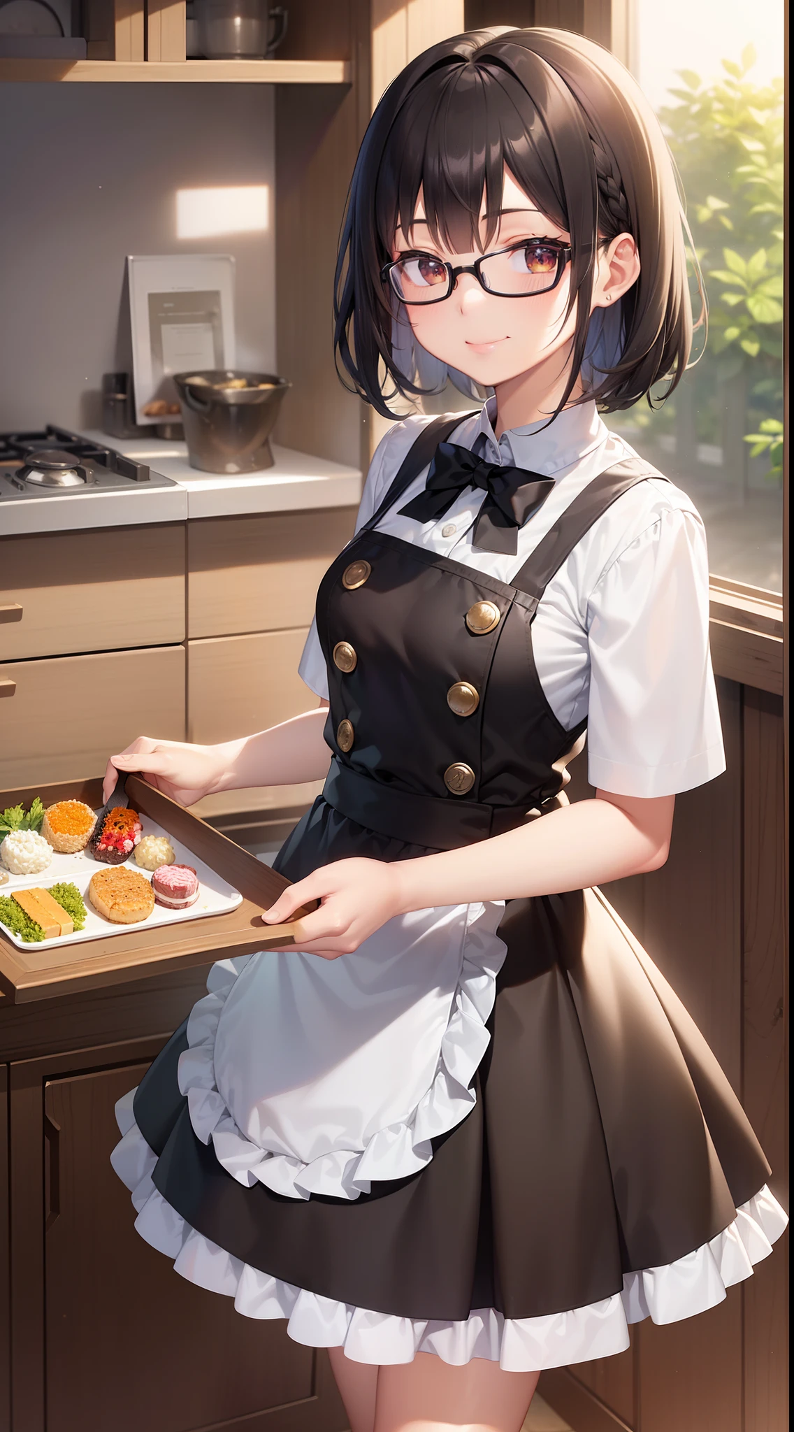 (masutepiece, Best Quality, Capture super cute moments, depth of fields, ultra-detailliert, Ultra High Resolution, C4D, Octadale, 3D Modeling, 8K, 16 K, one girls、a junior high school student、A dark-haired、short-hair、straight haired、Light brown eyes,hair adornments、wearing black glasses、A smile)、chef uniform、kitchin