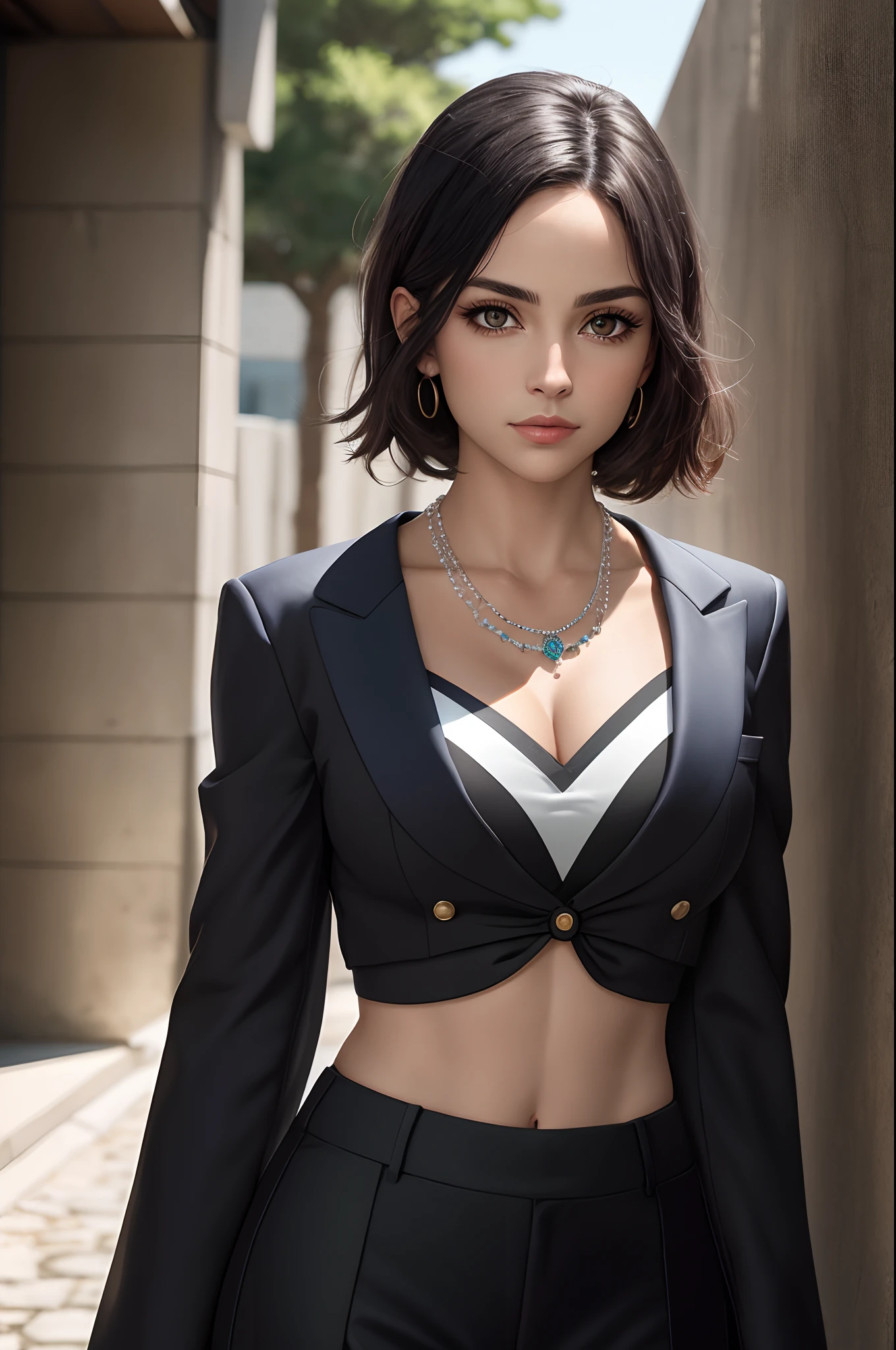 uma mulher bonita com cabelo azul claro de comprimento longi, possuindo um rosto oval e distintamente contornado;, His eyes are deep and piercing, wears a classic crystal necklace, She is dressed in a two-piece black and white tuxedo, standing with a casual and carefree demeanor, ela segura uma arma de formato estranho, The character design depicts a bounty hunter in the fantasy-realism style with a Japanese anime design, A arte apresenta um design de personagem finamente detalhado, featuring a mature Japanese manga art style, ((arte conceitual do personagem)), desenho de caracteres de corpo inteiro, High definition, best quality, ultra-detalhado, extremamente delicado, anatomicamente correto, symmetrical face, olhos e rosto extremamente detalhados, olhos de alta qualidade, criatividade, Foto RAW, UHD, 8k, (luz natural, professional lighting:1.2, Cinematic lighting:1.5, Melhor sombra), (master part:1.5)