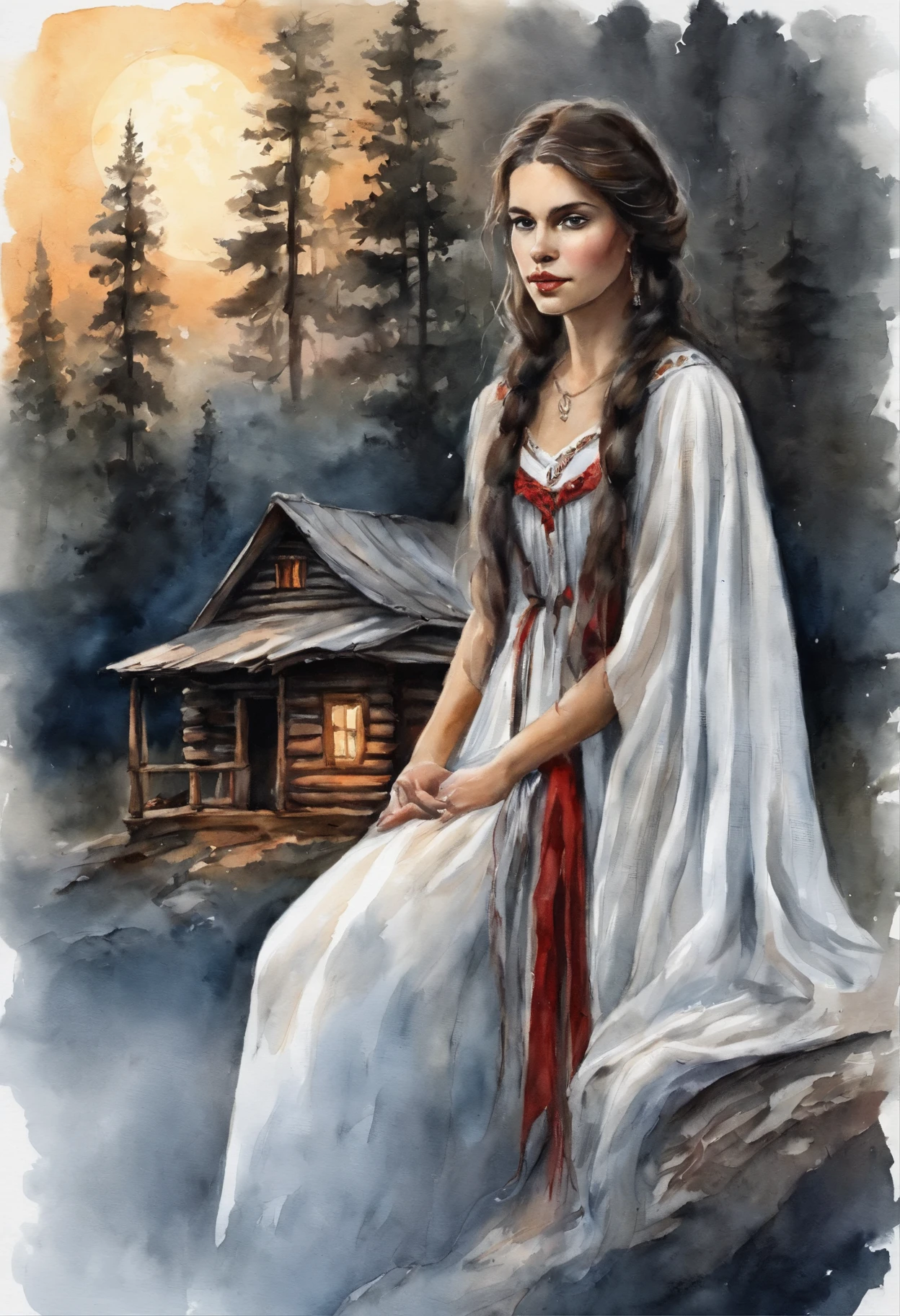 Young girl, Girl 17 years old, beautiful brunette girl, From old Russian fairy tales, Beautiful, long braids of dark black hair, hands on thighs, brown eye, White dress with red ornate ruffles, tape, white cape on the shoulders, letho, woods, the night, lunar crescent Gloomy atmosphere, The dark forest behind you, There are clouds in the sky, (Against the background of an old hut, old log house) the night, Hut in the background, Moon in the background, Night in the background, The forest is dense in the background.