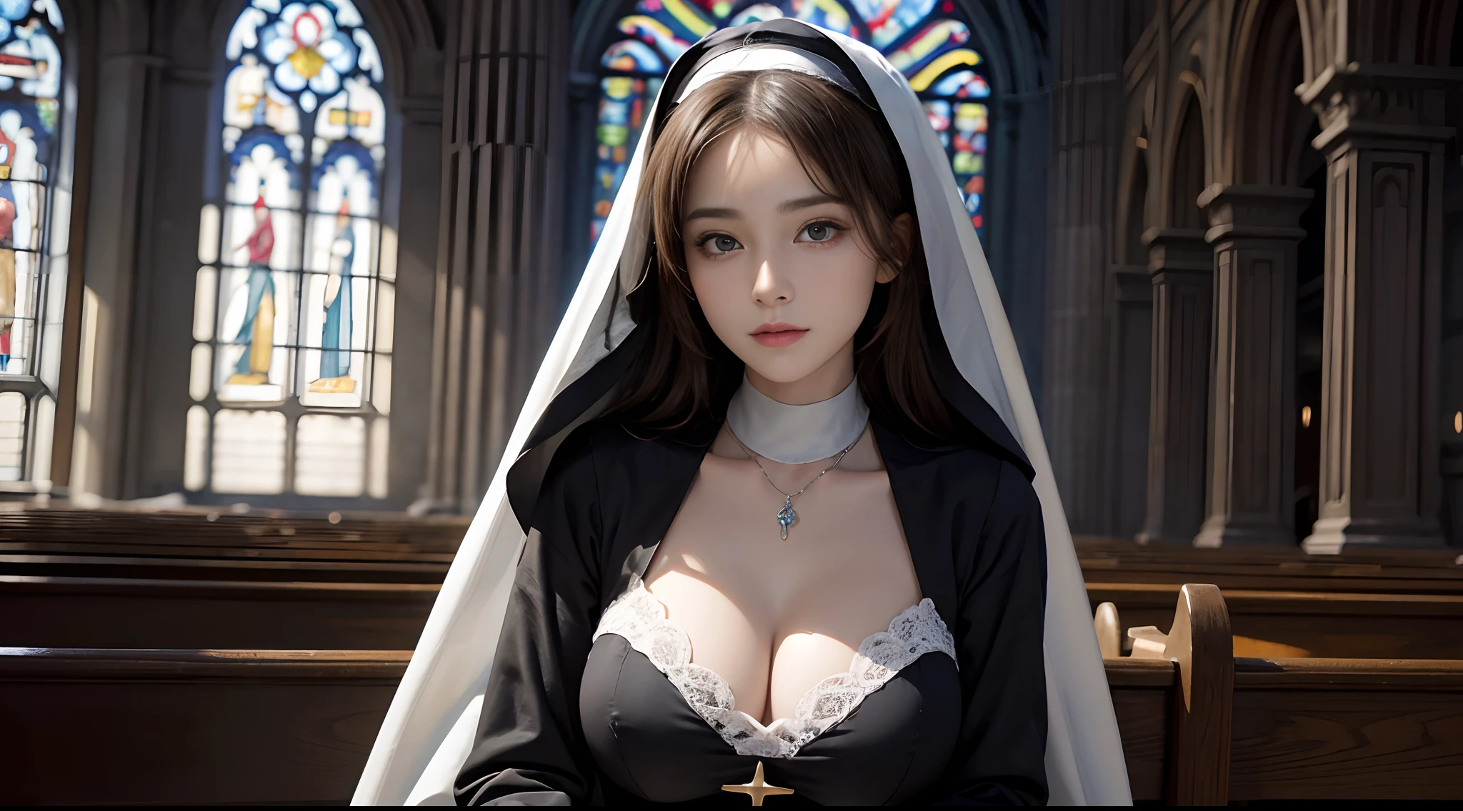 ((best qualtiy)), ((tmasterpiece)), ((Realistis)), (A detailed), (realisticlying:1.5),illusory engine, (High detail: 1.9),(femele:1.4),(big breasts beautiful: 1.4),(carismatic:1.3), (Large breasts),lewd nun,beuaty girl,beauitful face, looking at viewert, dynamicposes,The background is the church, Ray traching, Mid-range portrait