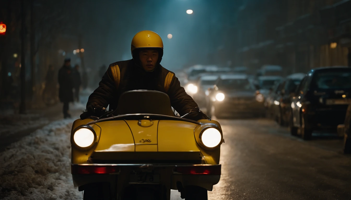 A man on a motorcycle, Back Shadow,Meituan delivery man, Delivery man,side-by-side,Small yellow box, snowy night, intersection, traffic light, Road, during night, A cinematic scene, Atmospheric, Wong Kar-wai, 张艺谋 in the mood of, Speed racing, high high quality, Masterpiece, 2K, canvas, Wide-angle, At night.Empty,nevando,snow cover,the night