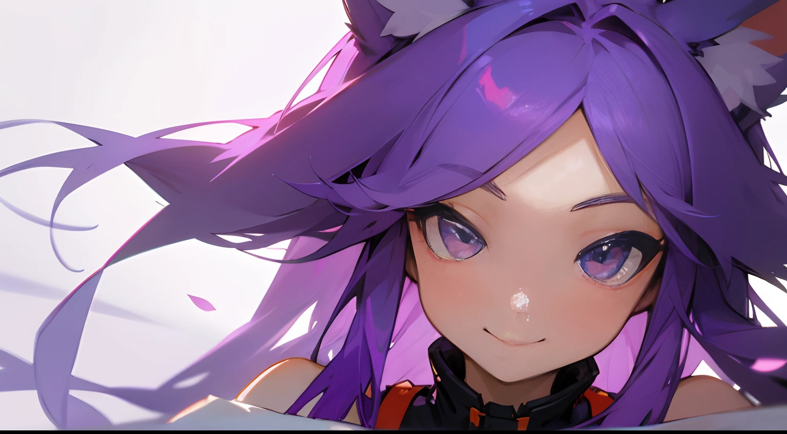 loneliness girl, long purple hair,Looking at the camera and smiling,Very cute,Fox ears,face close up