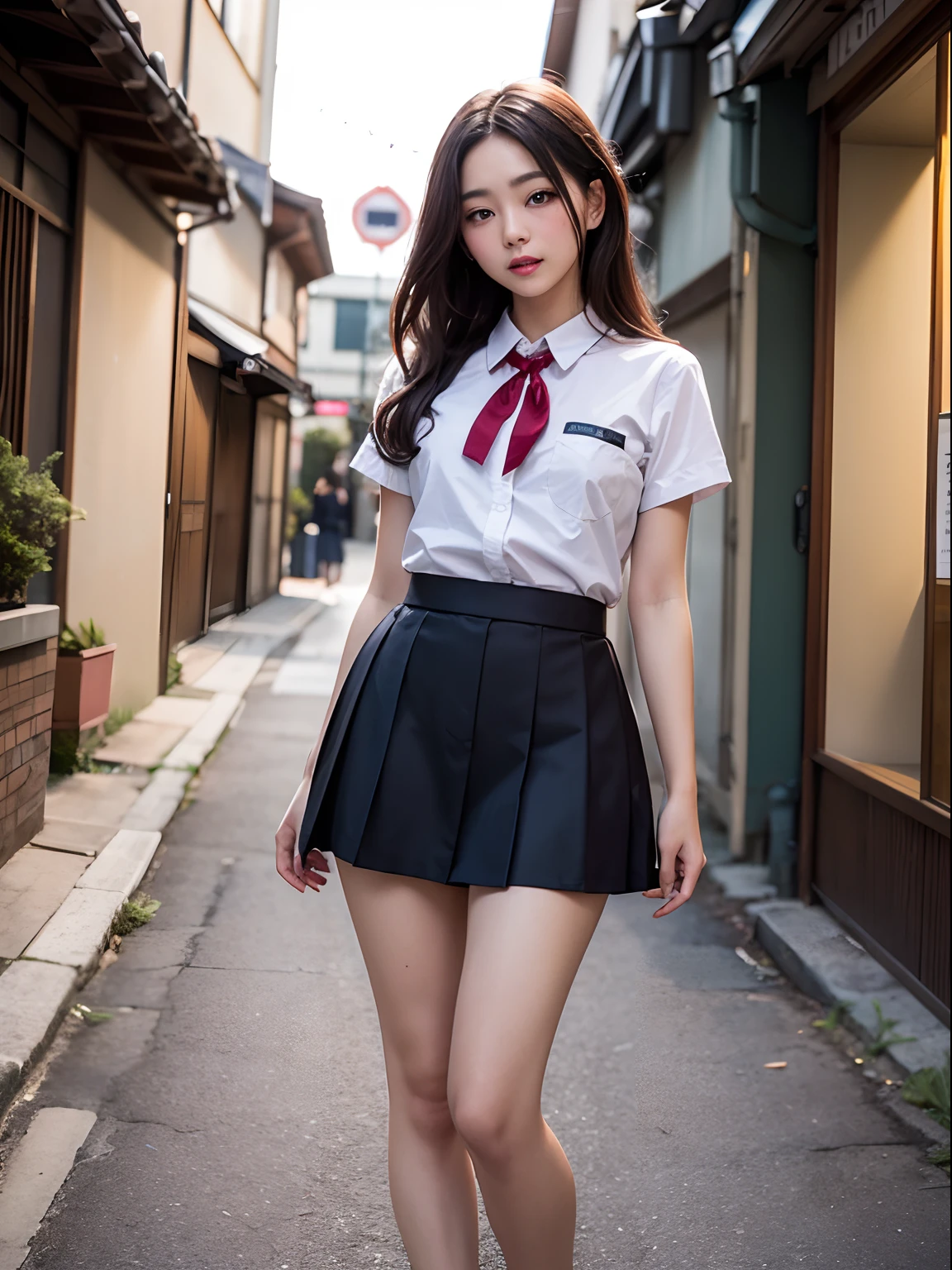 the Extremely Detailed CG Unity 1052k Wallpapers、top-quality、ultra-detailliert、​masterpiece、realisitic、Photo Real、extremely detailed cute girl School Girl Japan Tweenage Girl、two side up school uniform、(micro skort lift:1.4)、(bottomless)、red blush、cparted lips、looking at the viewer、full body portrait photo、(penis to lips)、(empty alley)、Hair above one eye、 beautiful supermodel、pubick hair、fingering clit