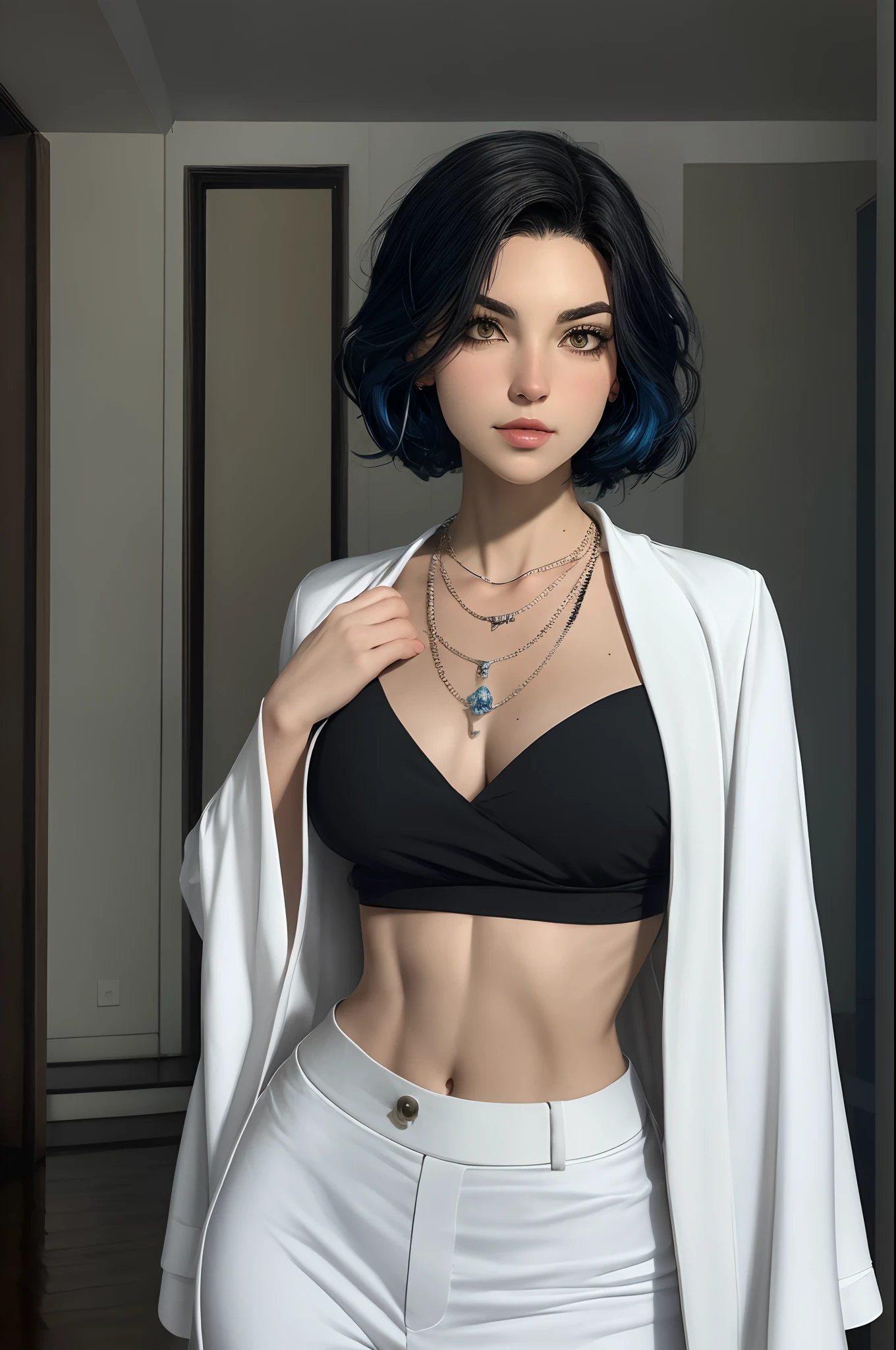 uma mulher bonita com cabelo azul claro brilhante de comprimento longo, possuindo um rosto oval e distintamente contornado;, His eyes are deep and piercing, wears a classic crystal necklace, She is dressed in a two-piece black and white tuxedo, standing with a casual and carefree demeanor, ela segura uma arma de formato estranho, The character design depicts a bounty hunter in the fantasy-realism style with a Japanese anime design, A arte apresenta um design de personagem finamente detalhado, featuring a mature Japanese manga art style, ((arte conceitual do personagem)), desenho de caracteres de corpo inteiro, High definition, best quality, ultra-detalhado, extremamente delicado, anatomicamente correto, symmetrical face, olhos e rosto extremamente detalhados, olhos de alta qualidade, criatividade, Foto RAW, UHD, 8k, (luz natural, professional lighting:1.2, Cinematic lighting:1.5, Melhor sombra), (master part:1.5)