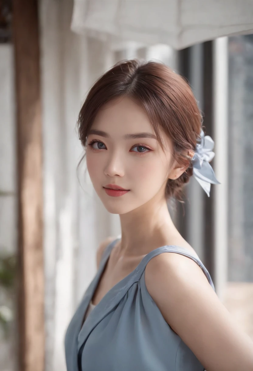 tmasterpiece, 1 beautiful girl, A detailed eye, Swollen eyes, top-quality, 超A high resolution, (reality: 1.4), 电影灯光, jpn, Fashion Korean cosmetics、a asian beauty, very very beautiful, Beautiful skins, slenderness, Forward-facing body, (ultra-realistic realism), (A high resolution), (8K), (The is very detailed), ( Best Illustration), (Beautifully detailed eyes), (ultra - detailed), (the wallpaper), 详细的脸, Bright lighting, Professional lighting, looking at viewert, Staring straight ahead、short-hair、Neat and clean clothes、background slightly blurred、The hair color is black、The hair color is partially bright blue、Japanese high school girl、School uniforms、Amazing smile、The eye color is brown、