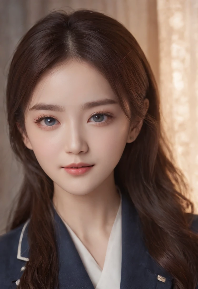tmasterpiece, 1 beautiful girl, A detailed eye, Swollen eyes, top-quality, 超A high resolution, (reality: 1.4), 电影灯光, jpn, Fashion Korean cosmetics、a asian beauty, very very beautiful, Beautiful skins, slenderness, Forward-facing body, (ultra-realistic realism), (A high resolution), (8K), (The is very detailed), ( Best Illustration), (Beautifully detailed eyes), (ultra - detailed), (the wallpaper), 详细的脸, Bright lighting, Professional lighting, looking at viewert, Staring straight ahead、short-hair、Neat and clean clothes、background slightly blurred、The hair color is black、The hair color is partially bright blue、Japanese high school girl、School uniforms、Amazing smile、The eye color is brown、