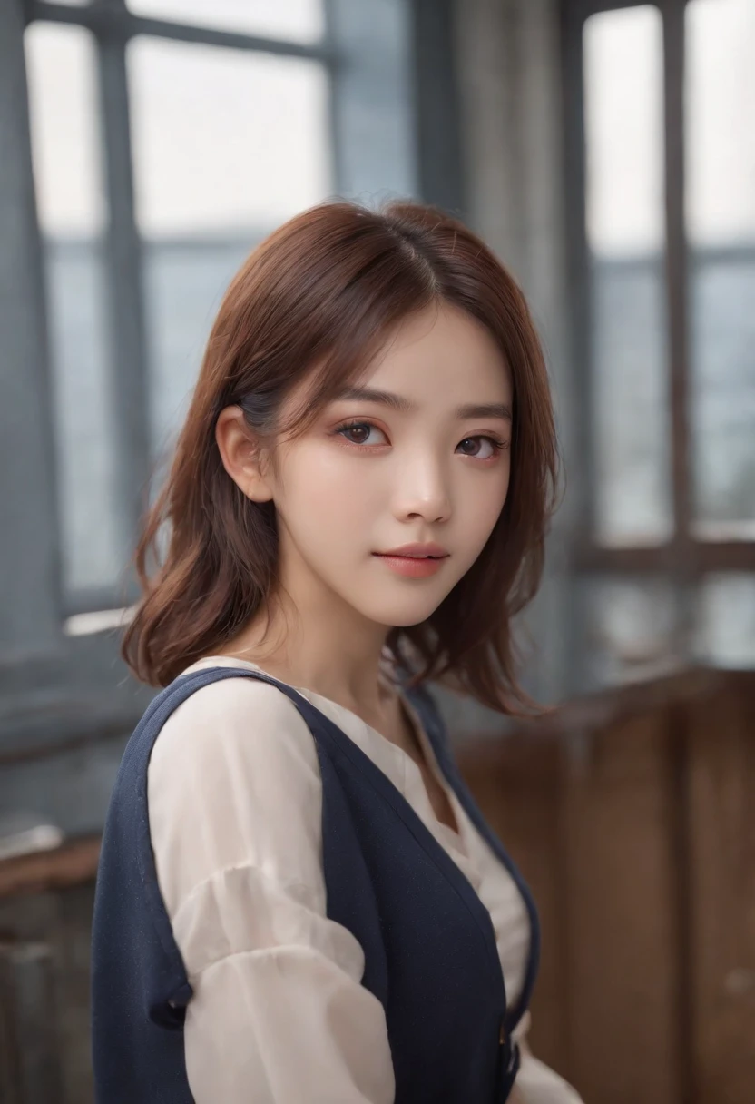 tmasterpiece, 1 beautiful girl, A detailed eye, Swollen eyes, top-quality, 超A high resolution, (reality: 1.4), 电影灯光, jpn, Fashion Korean cosmetics、a asian beauty, very very beautiful, Beautiful skins, slenderness, Forward-facing body, (ultra-realistic realism), (A high resolution), (8K), (The is very detailed), ( Best Illustration), (Beautifully detailed eyes), (ultra - detailed), (the wallpaper), 详细的脸, Bright lighting, Professional lighting, looking at viewert, Staring straight ahead、short-hair、Neat and clean clothes、background slightly blurred、The hair color is black、The hair color is partially bright blue、Japanese high school  girl、School uniforms、Amazing smile、The eye color is brown、