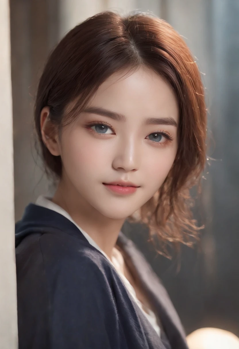 tmasterpiece, 1 beautiful girl, A detailed eye, Swollen eyes, top-quality, 超A high resolution, (reality: 1.4), 电影灯光, jpn, Fashion Korean cosmetics、a asian beauty, very very beautiful, Beautiful skins, slenderness, Forward-facing body, (ultra-realistic realism), (A high resolution), (8K), (The is very detailed), ( Best Illustration), (Beautifully detailed eyes), (ultra - detailed), (the wallpaper), 详细的脸, Bright lighting, Professional lighting, looking at viewert, Staring straight ahead、short-hair、Neat and clean clothes、background slightly blurred、The hair color is black、The hair color is partially bright blue、Japanese high school girl、School uniforms、Amazing smile、The eye color is brown、