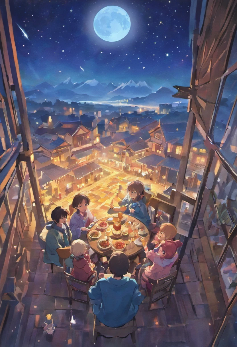 (top-quality、8K、tmasterpiece:1.3)、(Full moon and stars in the sky:1.4),The family sits together eating mooncakes,Mom and dad laugh with the kids,extremely detailed face and skin,(Sharp focus),(Have in the living room)、Bright house scene,Floor-to-ceiling windows,,Heartwarming scene,perfect detail