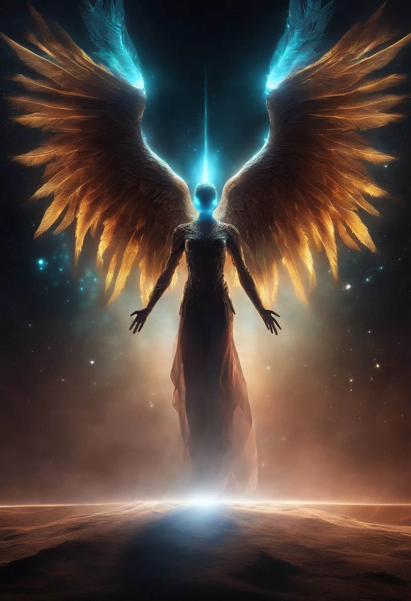 Cosmic Fallen Angel, glowing light eyes, Biomechanical, eerie, Creepy, nightmarish, Very bright colors, Light particles, with light glowing, Mshiv, wallpaper art, UHD wallpaper