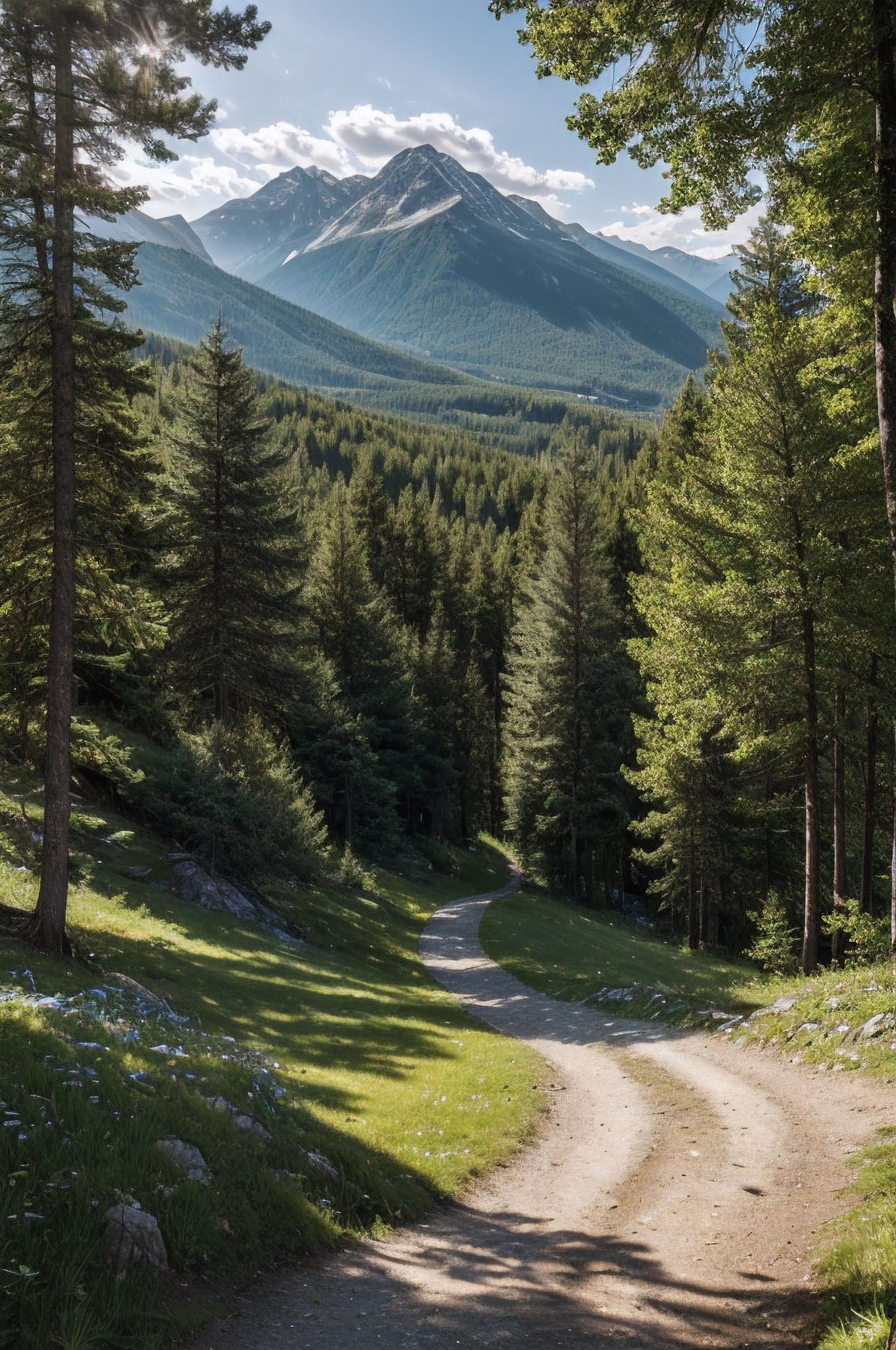 very high resolution, (fidelity: 1.4), photo, day, best quality, 8k, (masterpiece: 1.3), ultra realistic, summer, view of the path through the trees leading to the top of a small mountain, peaks visible in other mountains, best quality, very high resolution, raw photo, bright diffused light, hyper realistic detailed nature