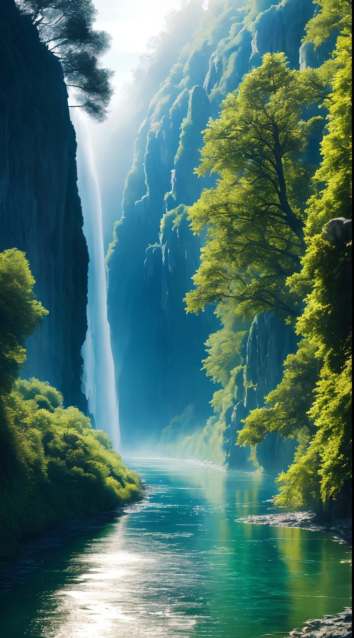 Analog style,ChromaV5,nvinkpunk,(extremely detailed CG unity 8k wallpaper),An image of a majestic river, trees on the sides, tiny waterfall, intense fog ,award winning photography, Chromatic Aberration, Detailed , HDR, Bloom, style by Monet, Pissarro, and Sisley ,trending on ArtStation, trending on CGSociety, art by midjourney