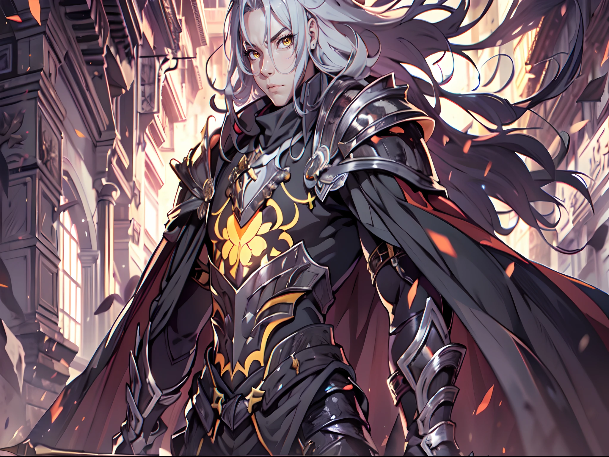 1 Boy, Xin From Kingdom Anime, Armored With Pure Black Warlord Armor With A Cape, Ultra High Definition, 8k, Handsome, Black And Yellow Pupil Eyes, Long White Hair, Ancient Kingdom Background, Extremely Detailed, Holding A Long Spear, Body To Leg Body Shot,