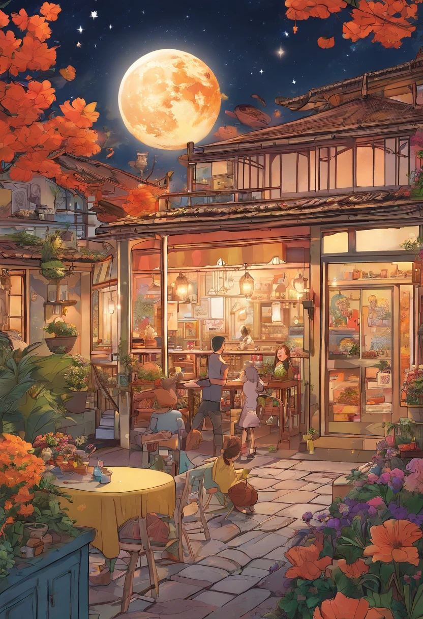 (top-quality、8K、tmasterpiece:1.3)、(Full moon and stars in the sky:1.4),The family sits together eating mooncakes,Mom and dad laugh with the kids,extremely detailed face and skin,(Sharp focus),(Have in the living room)、Bright house scene,Floor-to-ceiling windows,,Heartwarming scene,perfect detail