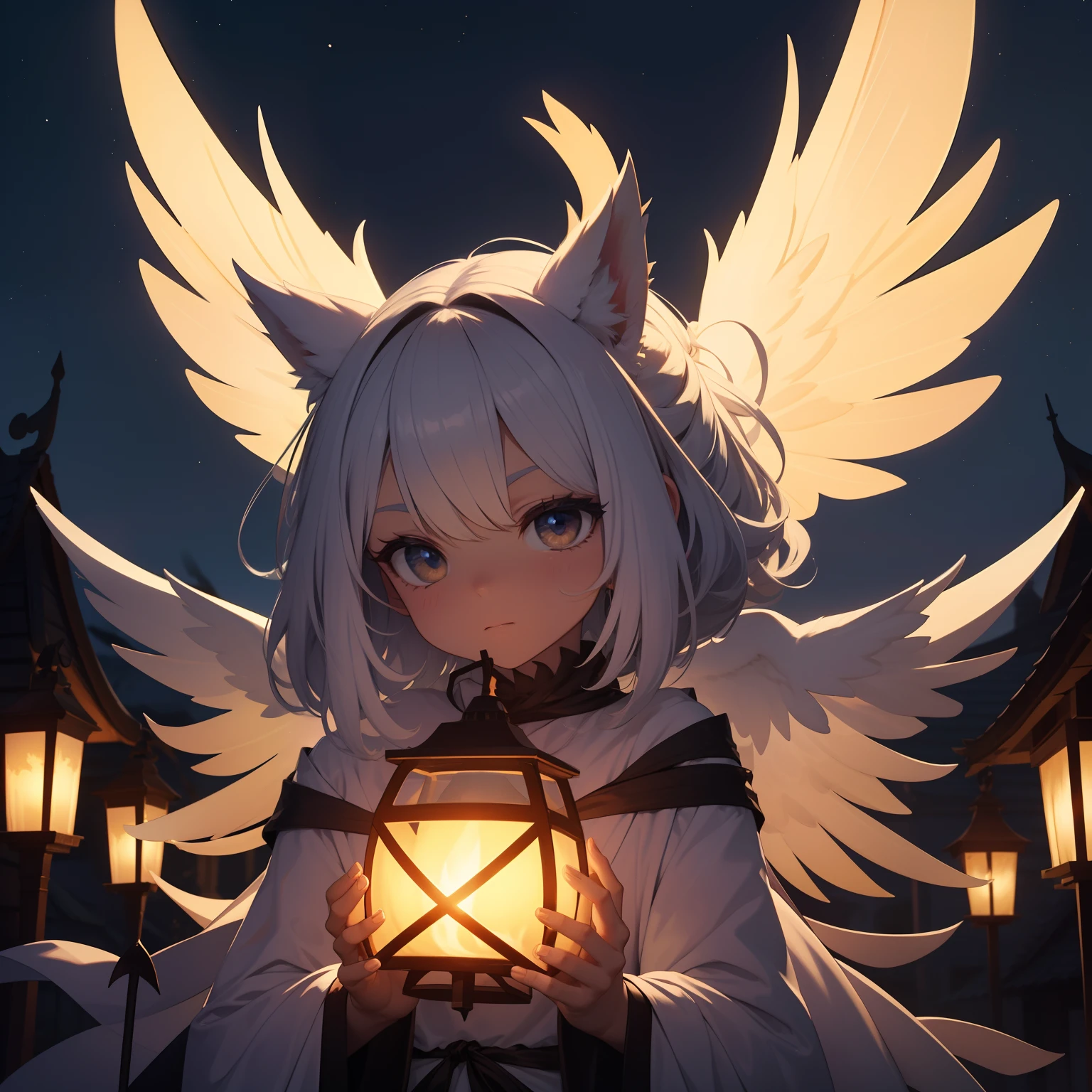Coruja com asas abertas, holding a spirit lantern with its claws, noite