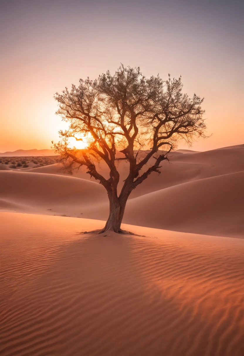 The vast desert has an artistically shaped tree,Beautiful sunset,Transparent light perception