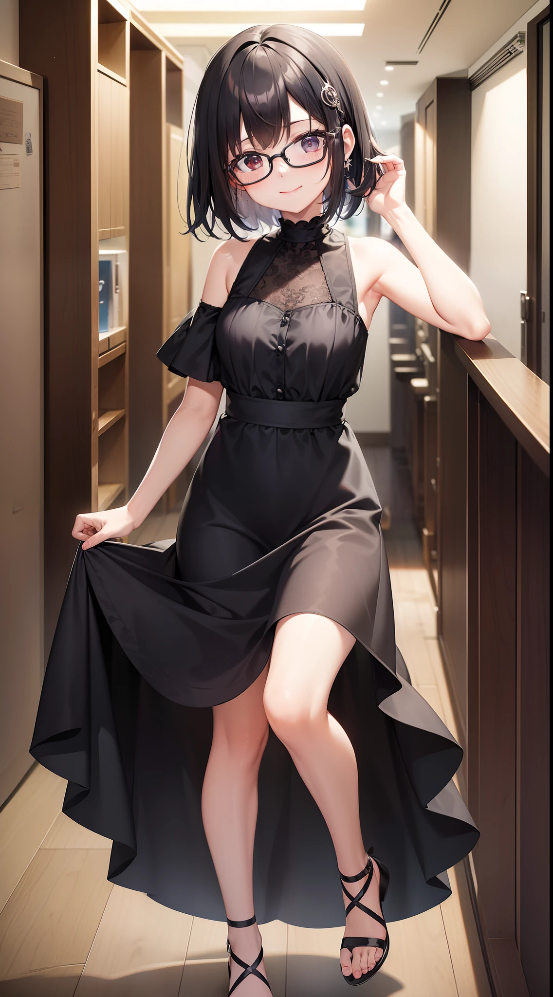 (masutepiece, Best Quality, Capture super cute moments, depth of fields, ultra-detailliert, Ultra High Resolution, C4D, Octadale, 3D Modeling, 8K, 16 K, one girls、a 、A dark-haired、short-hair、straight haired、Light brown eyes,hair adornments、wearing black glasses、A smile)、party dress、hall