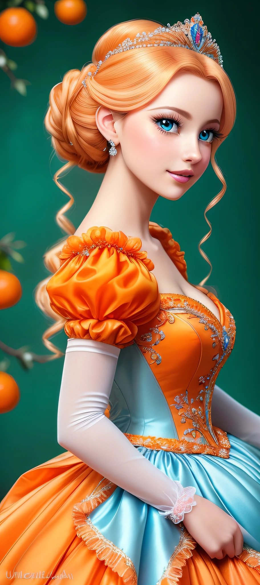 CinderellaWaifu A JustforFun creation. (((Ultra detailed, beautiful face, Megapixel))) Create an enchanting and refreshing photo realistic image of a model styled as Princess Cinderella from Disney's Cinderella, combined with the invigorating vibrancy of oranges. The model embodies Cinderella's gentle and resilient spirit with (sparkling blue) eyes that shine with determination. Her hair, styled in an intricate braided updo adorned with vibrant orange blossoms, reflects the bright and sunny hue of oranges. She wears a stunning ballgown crafted from vibrant orange silk taffeta, with delicate beading and embroidery reminiscent of orange zest. The fabric billows around her in a graceful cascade, evoking the refreshing and uplifting essence of oranges. Against a blank background, the focus is solely on the model's captivating features and the enchanting fusion of Princess Cinderella and the invigorating vibrancy of oranges. With your camera, a high-resolution DSLR paired with a portrait lens, you will capture the timeless beauty and zestful charm of Princess Cinderella combined with the refreshing allure of oranges.