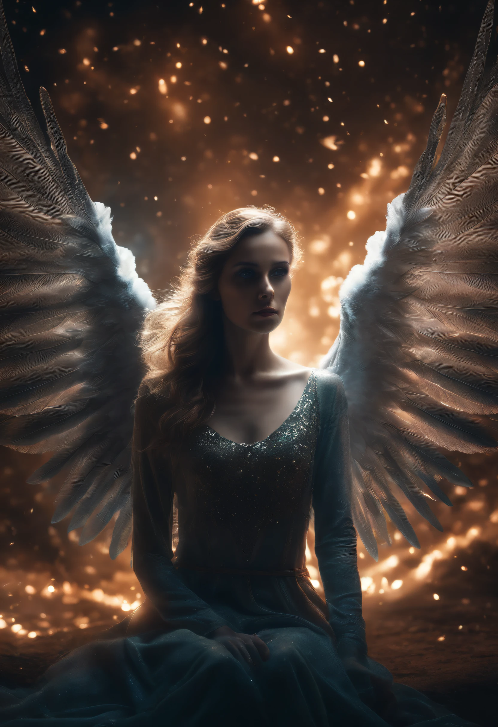 Cosmic Fallen Female Angel, Bright and clear eyes, Biomechanicals, Strangely, horrid, nightmare, Very bright colors, Light particles, There is bright light, Mshiv, wallpaper art, ultra HD wallpaper