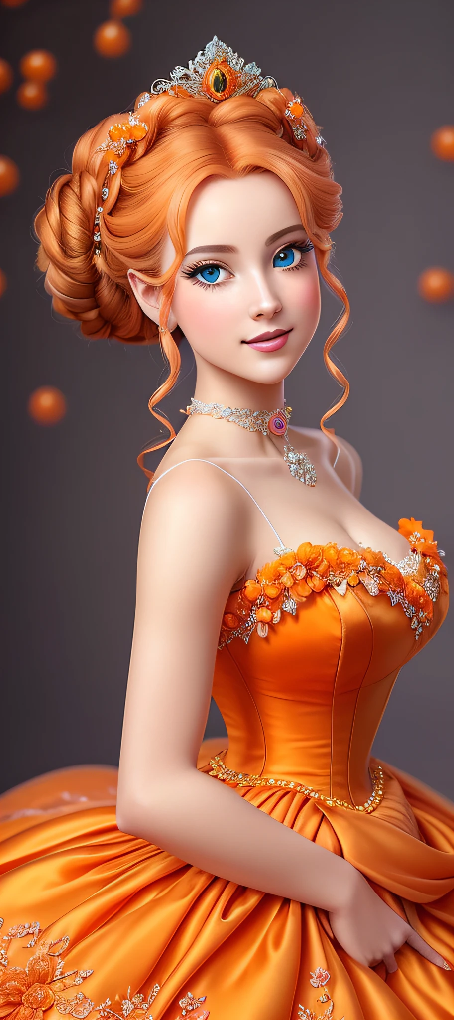 CinderellaWaifu A JustforFun creation. (((Ultra detailed, beautiful face, Megapixel))) Create an enchanting and refreshing photo realistic image of a model styled as Princess Cinderella from Disney's Cinderella, combined with the invigorating vibrancy of oranges. The model embodies Cinderella's gentle and resilient spirit with (sparkling blue) eyes that shine with determination. Her hair, styled in an intricate braided updo adorned with vibrant orange blossoms, reflects the bright and sunny hue of oranges. She wears a stunning ballgown crafted from vibrant orange silk taffeta, with delicate beading and embroidery reminiscent of orange zest. The fabric billows around her in a graceful cascade, evoking the refreshing and uplifting essence of oranges. Against a blank background, the focus is solely on the model's captivating features and the enchanting fusion of Princess Cinderella and the invigorating vibrancy of oranges. With your camera, a high-resolution DSLR paired with a portrait lens, you will capture the timeless beauty and zestful charm of Princess Cinderella combined with the refreshing allure of oranges.