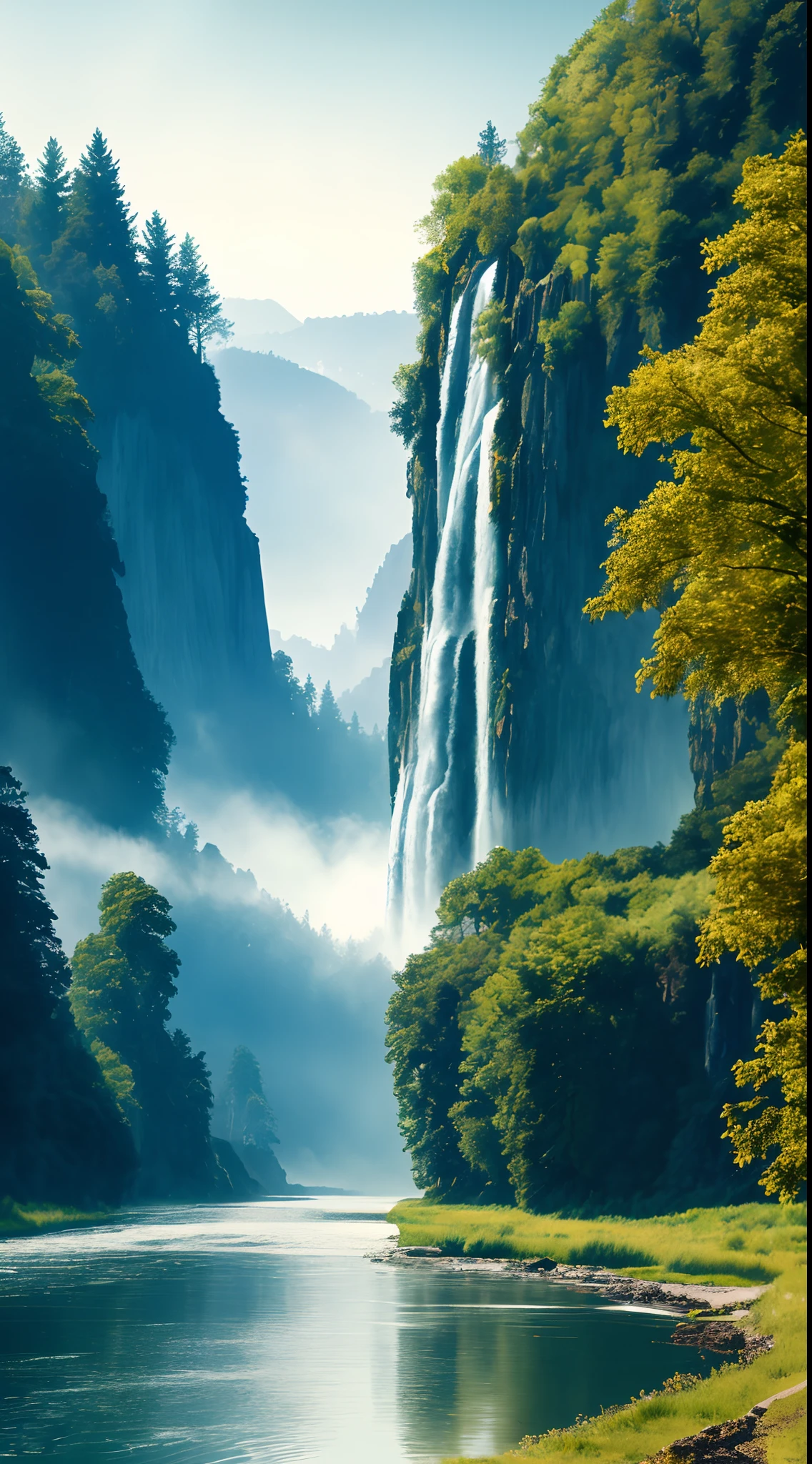 Analog style,ChromaV5,nvinkpunk,(extremely detailed CG unity 8k wallpaper),An image of a majestic river, trees on the sides, tiny waterfall, intense fog ,award winning photography, Chromatic Aberration, Detailed , HDR, Bloom, style by Monet, Pissarro, and Sisley ,trending on ArtStation, trending on CGSociety, art by midjourney